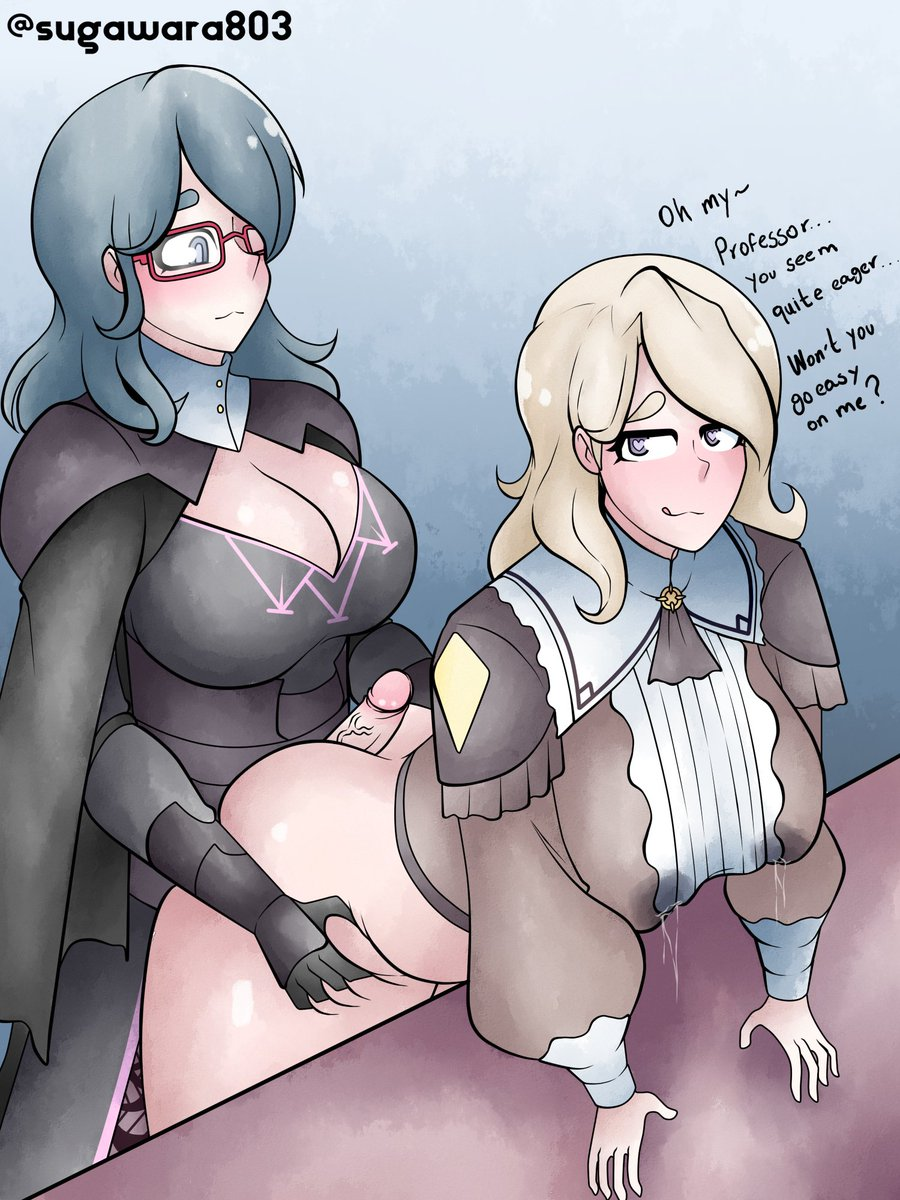 1futa 1girls alternate_costume alternate_hairstyle bent_over big_breasts blue_eyes bottomless breasts byleth_(fire_emblem) byleth_(fire_emblem)_(female) cleavage clothed clothing dialogue duo english_text female fire_emblem fire_emblem:_three_houses fire_emblem_warriors:_three_hopes futa_on_female futanari glasses human lactating_through_clothing lactation light-skinned_female light-skinned_futanari light_skin long_hair mercedes_von_martritz nintendo official_alternate_costume official_alternate_hairstyle partially_clothed standing sugawara text