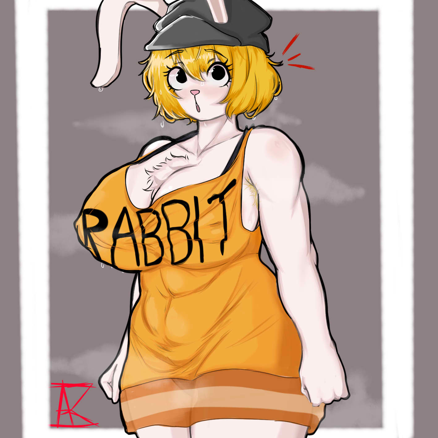 1girls, adoniasfra, armpit hair, blonde hair, breasts, carrot (one piece), chest tuft, female, female only, furry, huge breasts, nipple bulge, one piece, solo