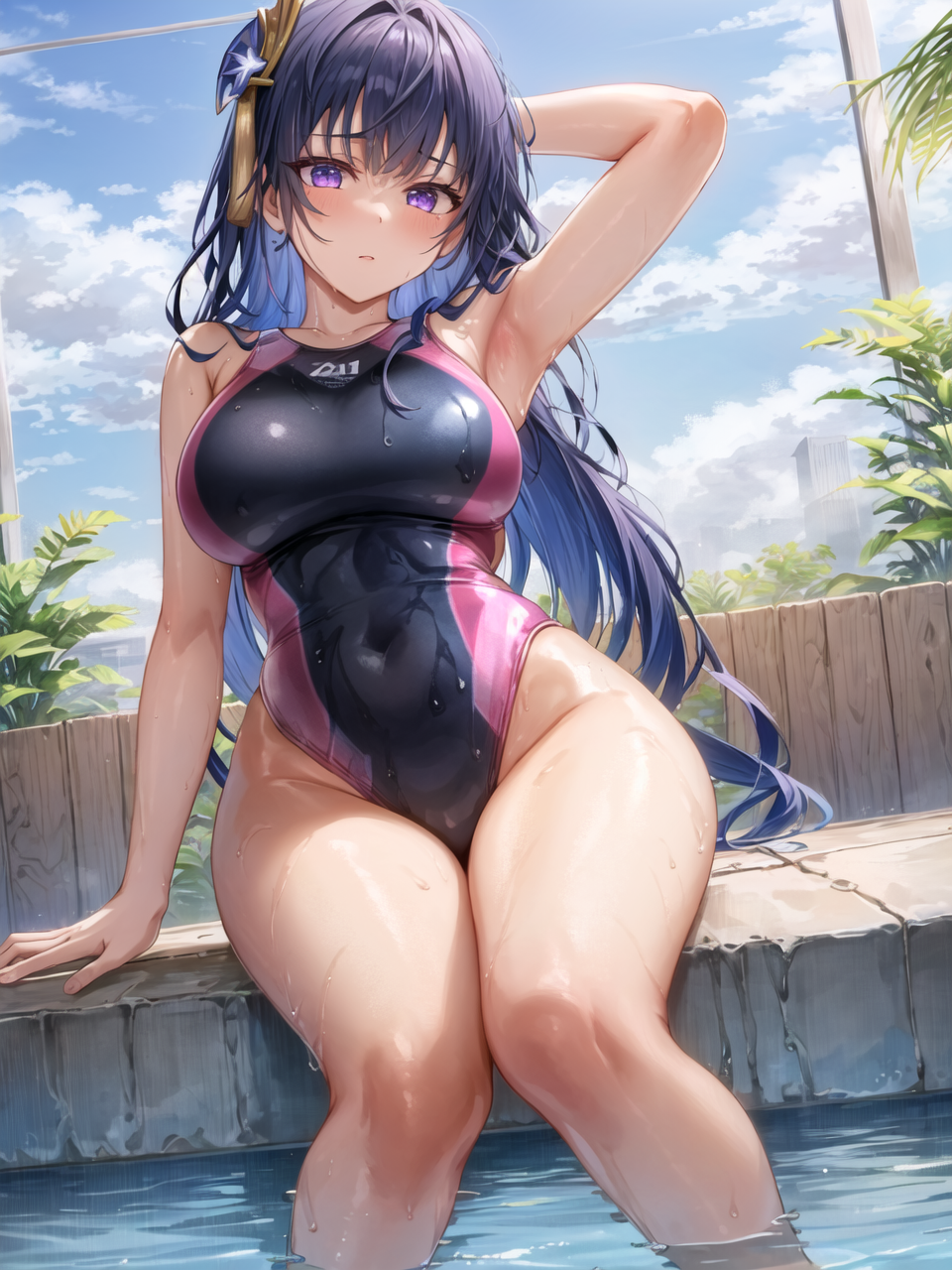 1girls, 2023, ai generated, curvy, curvy body, curvy female, curvy figure, female, genshin impact, high resolution, highres, latex swimsuit, long hair, mihoyo, purple eyes, purple hair, raiden shogun, seductive look, swimsuit, swimwear, violet eyes, violet hair, voluptuous, voluptuous female, wet body, wet clothes