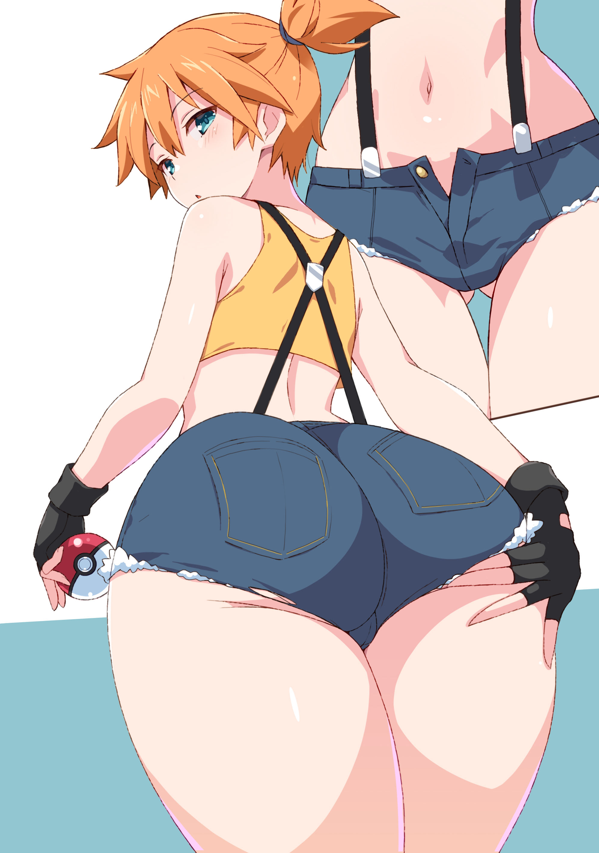 :d, 1girls, ass, astroguy2, asymmetrical hair, back, bangs, breasts, clothing, denim, denim shorts, eyelashes, female, female only, game freak, green eyes, green shorts, gym leader, high resolution, holding, holding object, holding poke ball, huge ass, kasumi (pokemon), large ass, legs, misty (pokemon), nakamura yukitoshi, navel, nintendo, orange hair, poke ball, poke ball (basic), pokemon, pokemon (anime), pokemon (classic anime), pokemon (game), pokemon rgby, ponytail, shirt, short hair, short shorts, shorts, side ponytail, sideboob, simple background, sleeveless, sleeveless shirt, smile, solo, suspenders, thick ass, thick thighs, thighs, tied hair, white background, yellow shirt