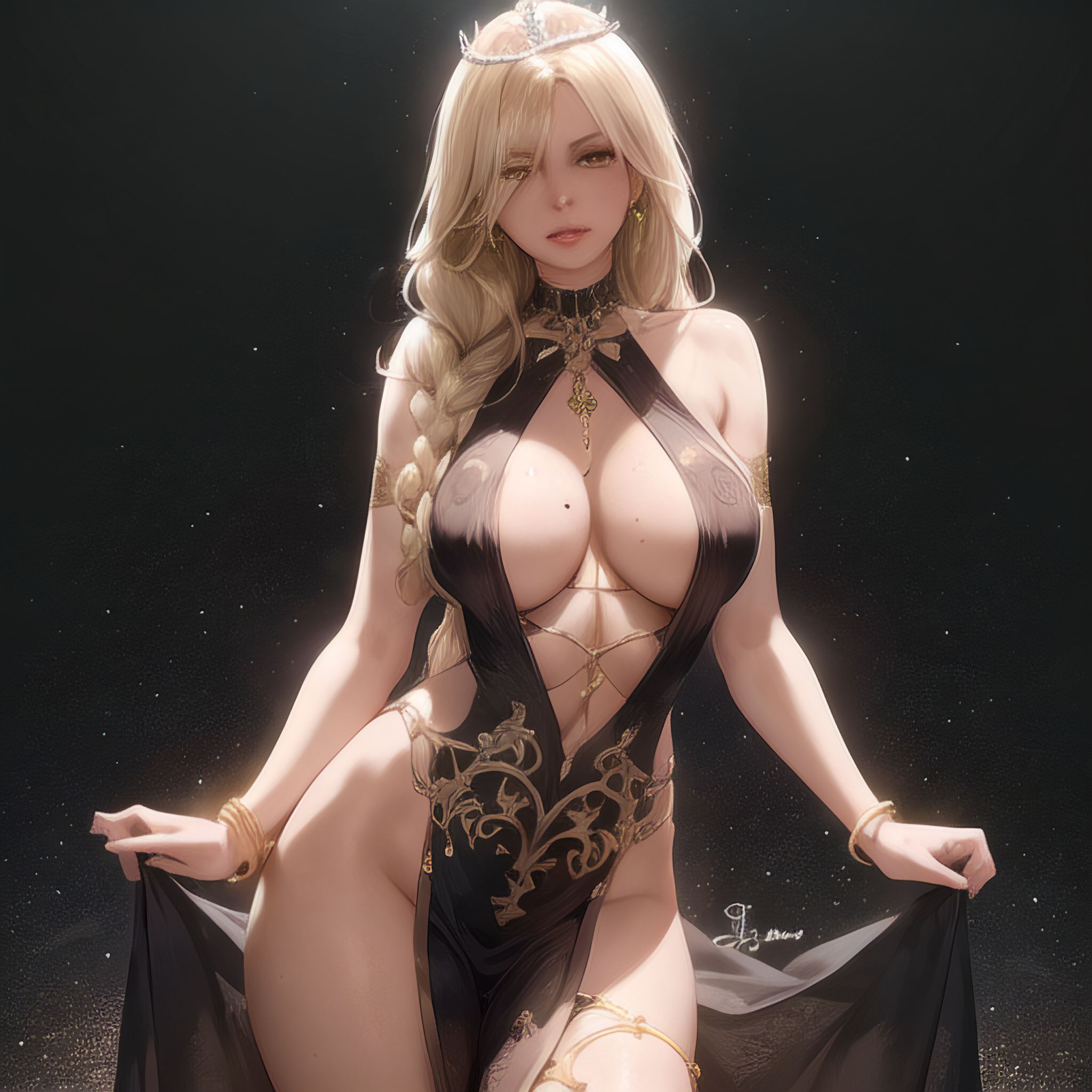 ai generated, alternate hairstyle, big breasts, black dress, blonde hair, braid, breasts, cleavage, dress, elden ring, female, fromsoftware, highres, jewelry, marika's tits, queen marika the eternal, royalty, wide hips