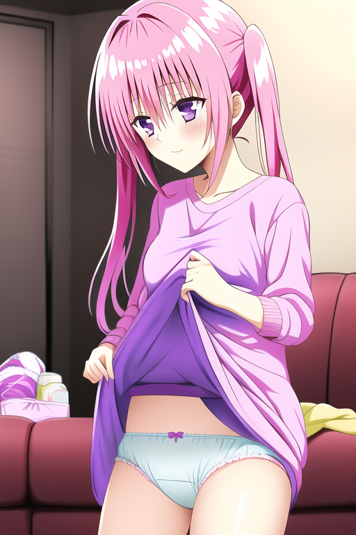 ai_generated devilukean dress female flat_chest nana_asta_deviluke panties pink_hair skirt smile to_love-ru twintails underwear violet_eyes white_panties young