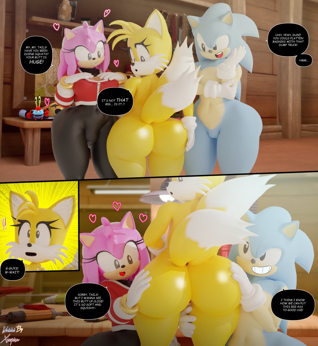 1futa, 2boys, 2femboys, 3d, amy rose, anthro, ass, big ass, bottom heavy, bottom heavy femboy, bulge, dialogue, femboy, femboy focus, femboy on femboy, feminine male, feminine tails, futa on femboy, futa on male, futanari, girly, heart, intersex, leggings, male, miles prower, mixed media, sonic (series), sonic the hedgehog, sonic the hedgehog (series), tails, tails the fox, thick thighs, trap, wide hips, xscapism