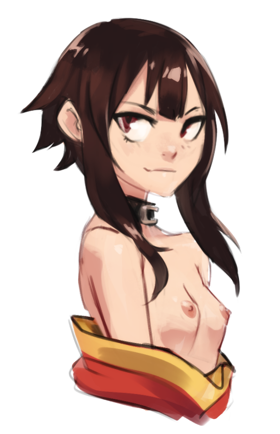 2d brown_hair collar flat_chest flat_chested javehorny kono_subarashii_sekai_ni_shukufuku_wo! looking_away looking_to_the_side megumin nipples off_shoulder red_eyes shirt_down shoulders sidelocks small_breasts