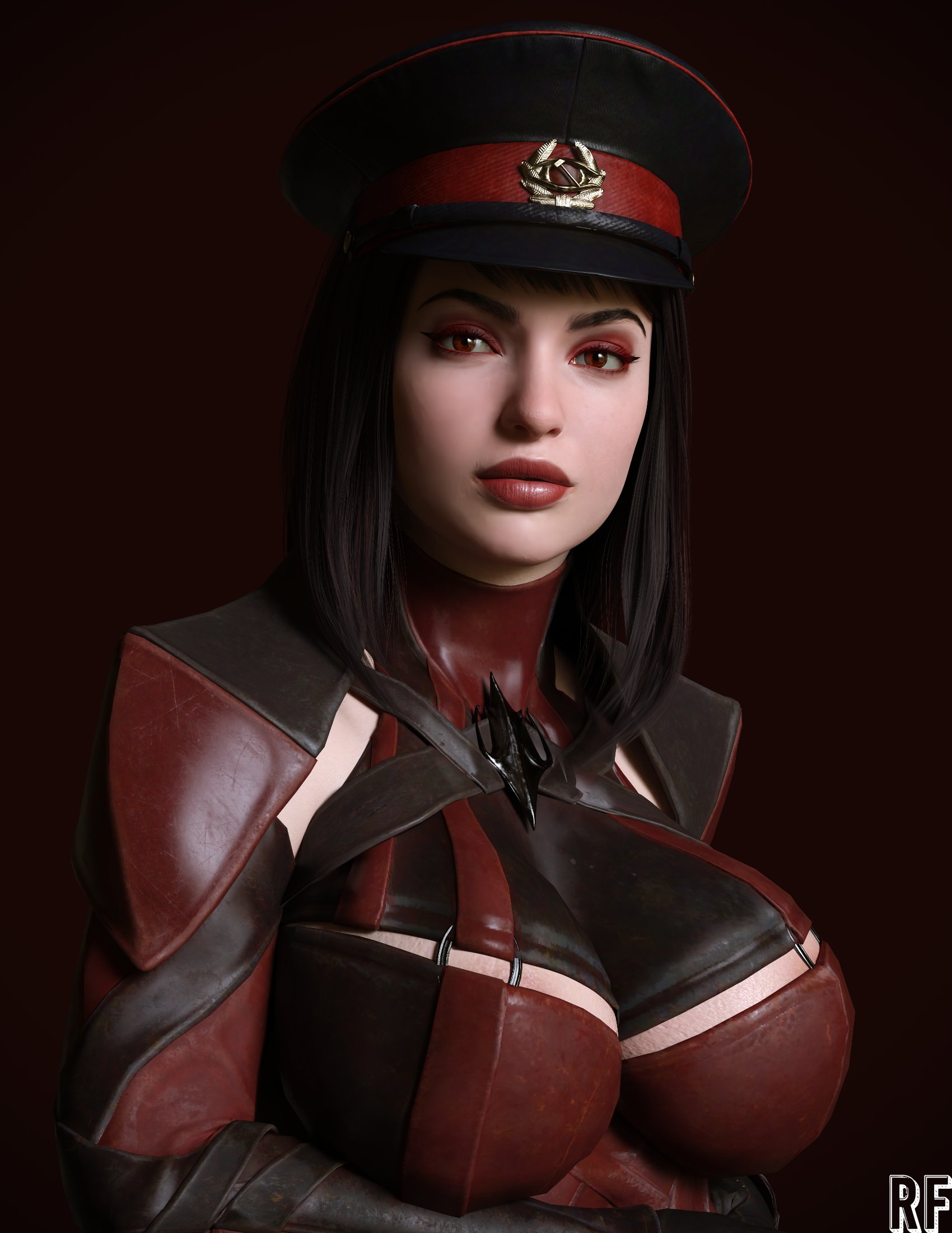 1girls, 3d, big breasts, breasts, busty, cleavage, clothed, female, female only, fully clothed, large breasts, looking at viewer, military hat, mortal kombat, mortal kombat 11, red eyes, red hair, rude frog, shiny skin, skarlet, solo
