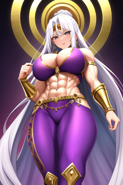 abs ai_generated andromeda_(vpagonart) bra bracelet cleavage curvy earrings female_focus female_only goddess gold_jewelry hair_bun halo headband jewelry large_breasts leggings long_hair looking_at_viewer looking_down midriff muscular_female neckwear open_mouth original_character pale-skinned_female purple_clothing stable_diffusion vambraces white_hair wristband