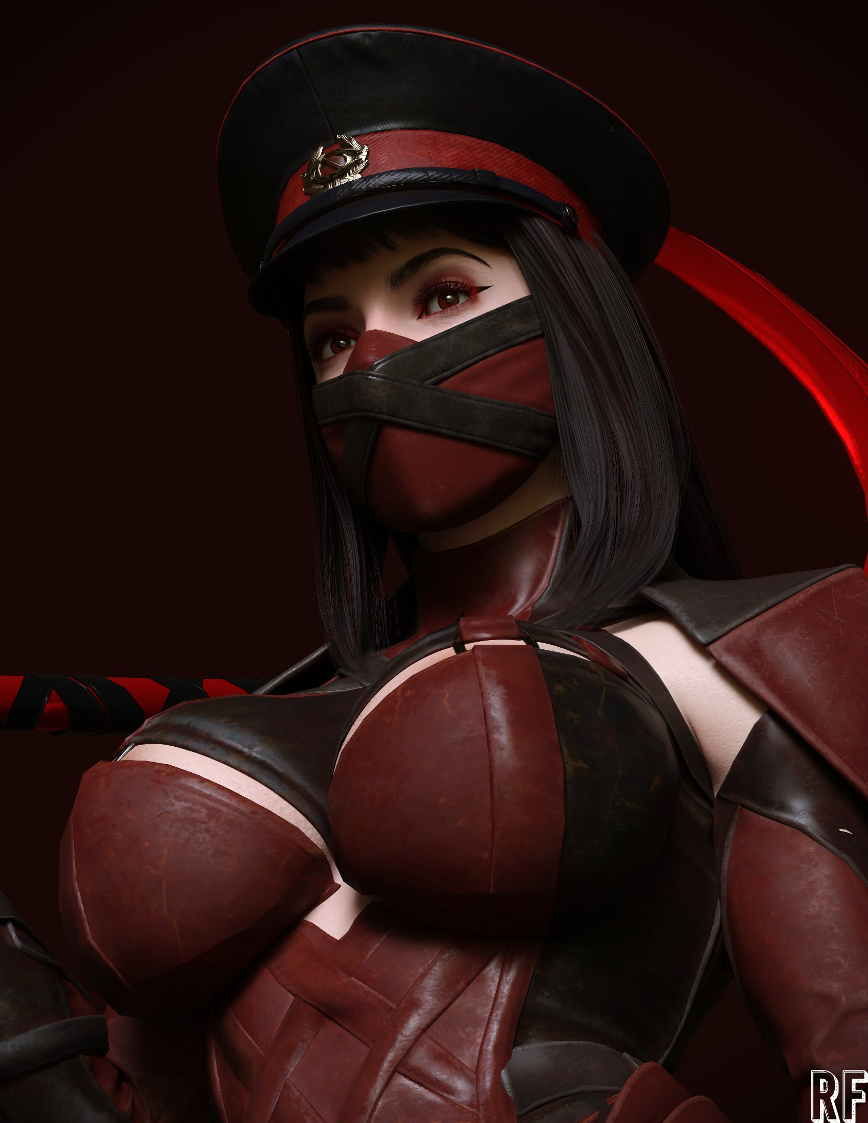 1girls, 3d, big breasts, breasts, busty, cleavage, clothed, female, female only, fully clothed, large breasts, looking at viewer, mask, military hat, mortal kombat, mortal kombat 11, red eyes, red hair, rude frog, shiny skin, skarlet, solo