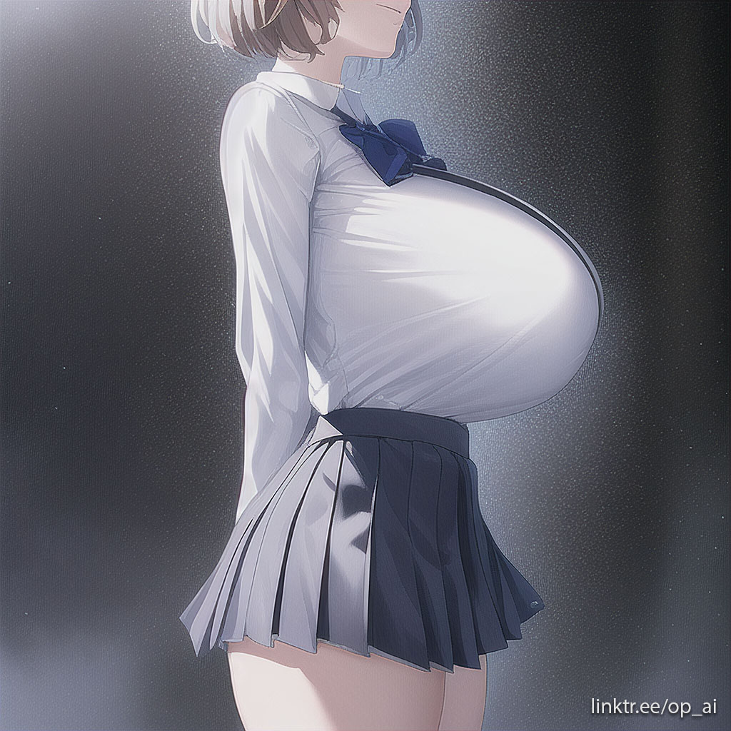 ai generated, bakunyuu, blue ribbon, breasts, busty, buttoned shirt, clothed, enormous breasts, female, hands behind back, head out of frame, huge breasts, long sleeves, massive breasts, medium hair, op ai, pleated skirt, ribbon, school uniform, schoolgirl, schoolgirl uniform, short skirt, side view, skirt, small waist, solo, thighs, top heavy, white shirt