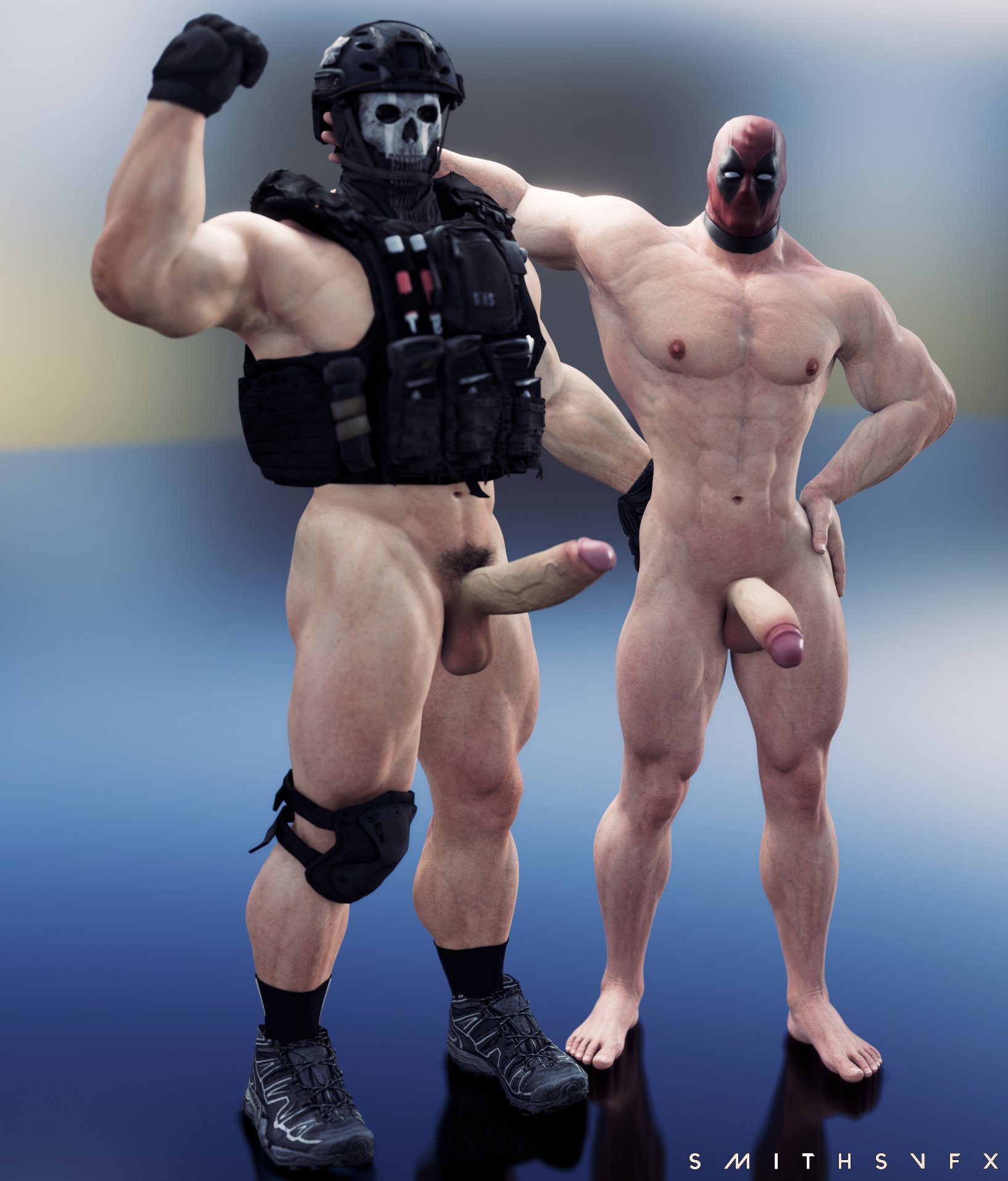 2boys, 3d, balls, bara, big penis, call of duty, call of duty modern warfare 2 (2022), deadpool, flexing, gay, ghost (modern warfare 2), male, male only, marvel, marvel comics, muscular, muscular male, penis, simon riley, smithsvfx, wade wilson, yaoi