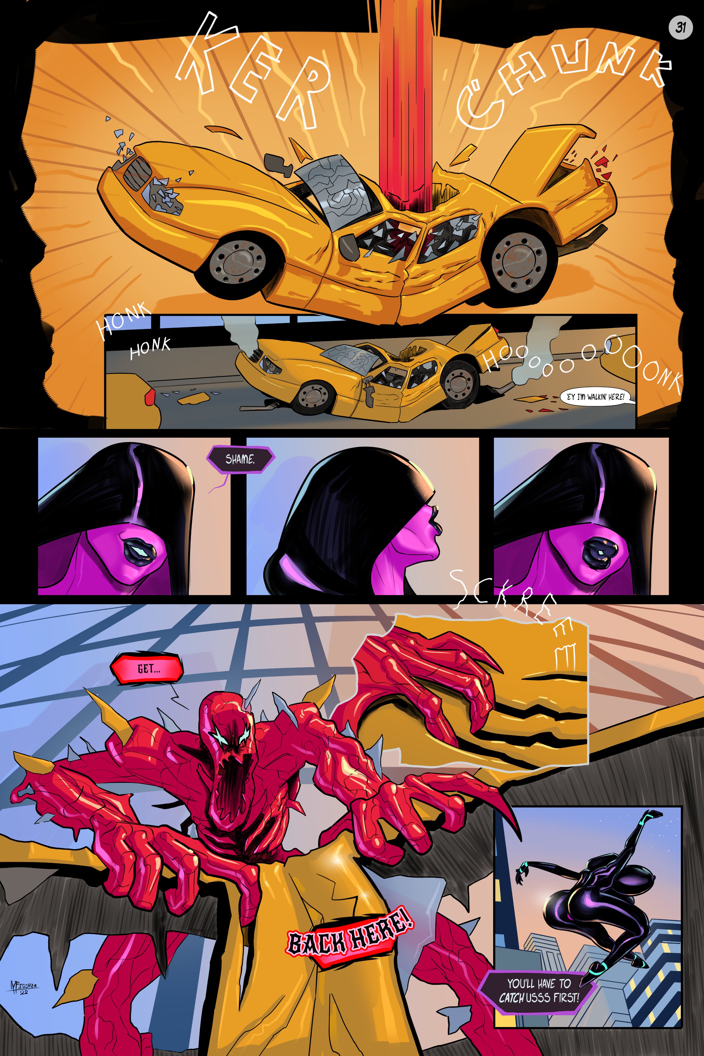 1boy, 1girls, alien, alien girl, ass, big breasts, big lips no eyes, bimbo, black skin, breasts, bubble ass, bubble butt, busty, carnage (marvel), comic, english text, erect nipples, female, gwen stacy, gwenom, hidden eyes, hoodie, hourglass figure, large breasts, male, marvel, marvel comics, meinfischer, nipple bulge, nipples, page 31, page number, red skin, speech bubble, spider-gwen, spider-man (series), tagme, venom's kiss (comic), wide hips