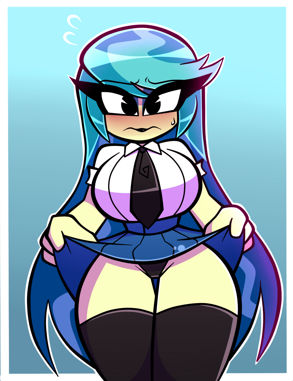 auntie lofty (mlp), big breasts, big eyes, blue hair, breasts, female, friendship is magic, hasbro, light skin, long hair, my little pony, nelljoestar, nervous, school uniform, schoolgirl, skirt lift, skirt up, tagme, thick thighs, underwear