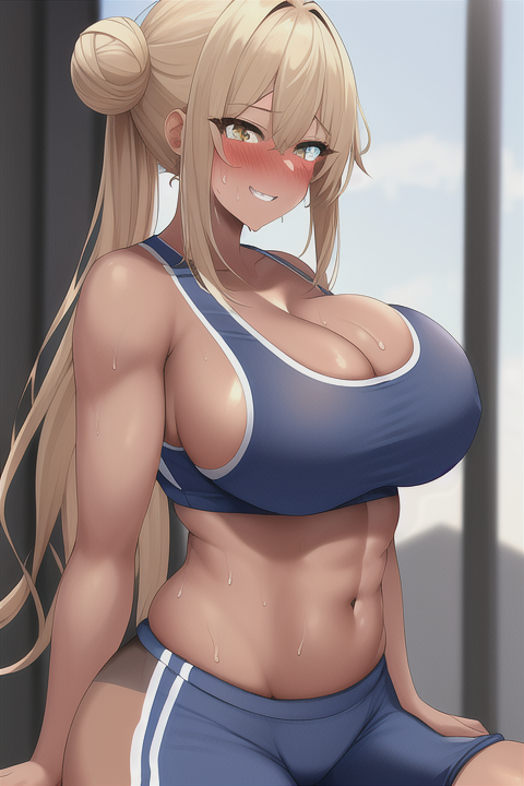 1girls abs ai_generated bangs bare_shoulders big_ass blonde_hair blue_shorts blush breasts cleavage clothing curvy curvy_figure dark-skinned_female dark_skin double_bun eyebrows_visible_through_hair female grin gym gym_clothing gym_shorts hair_between_eyes hair_bun hazel_eyes huge_breasts indoors large_breasts long_hair looking_at_viewer muscular muscular_female navel novelai original shorts side_bun sidelocks sitting smile solo sports_bra sportswear stable_diffusion stomach sweat tan tan_skin thick_thighs thighs tied_hair voluptuous yellow_eyes