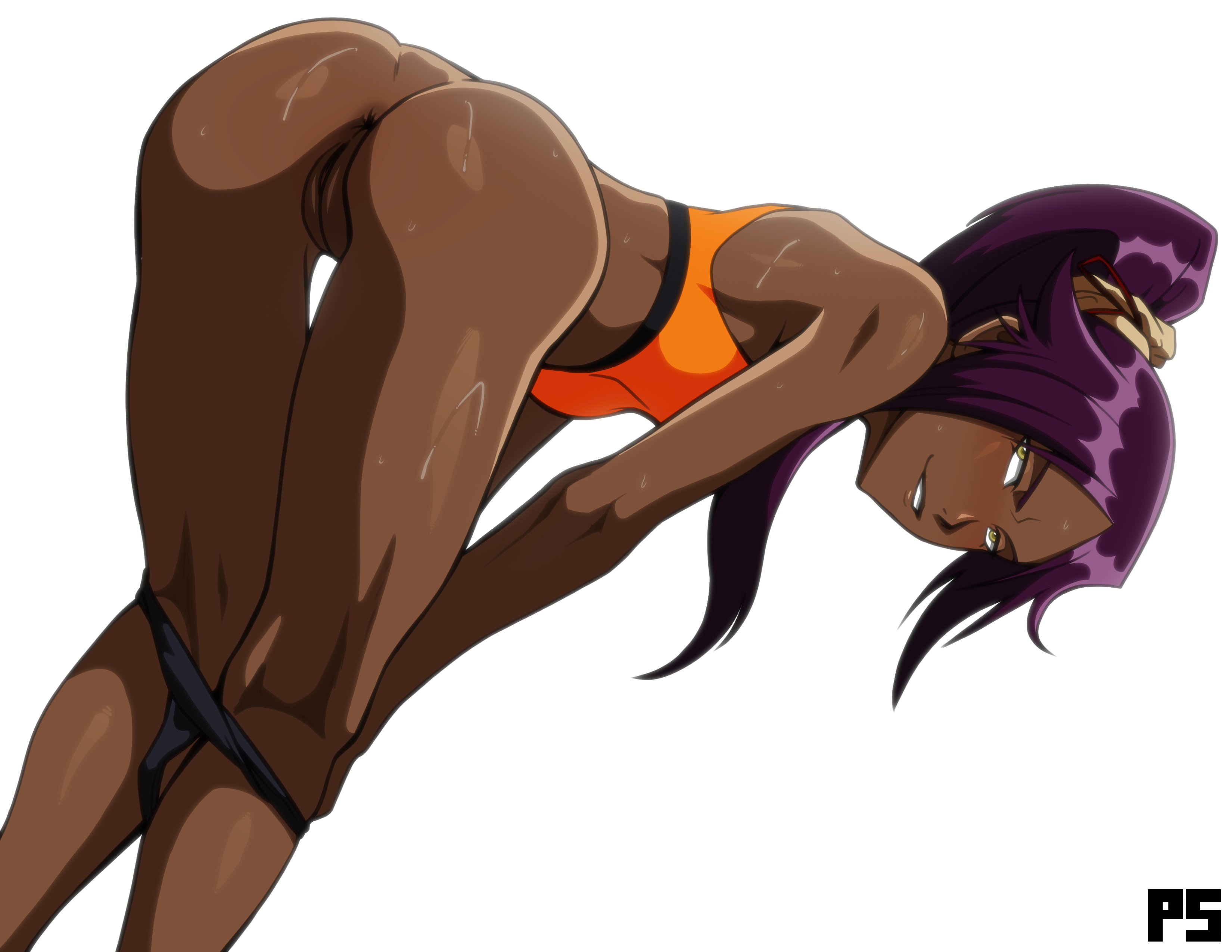 1girls, anus, ass, bent over, bleach, dark skin, dark-skinned female, female, human, looking at viewer, pumpkinsinclair, purple hair, purple-haired female, pussy, shihouin yoruichi, solo, solo female, vagina, yellow eyes