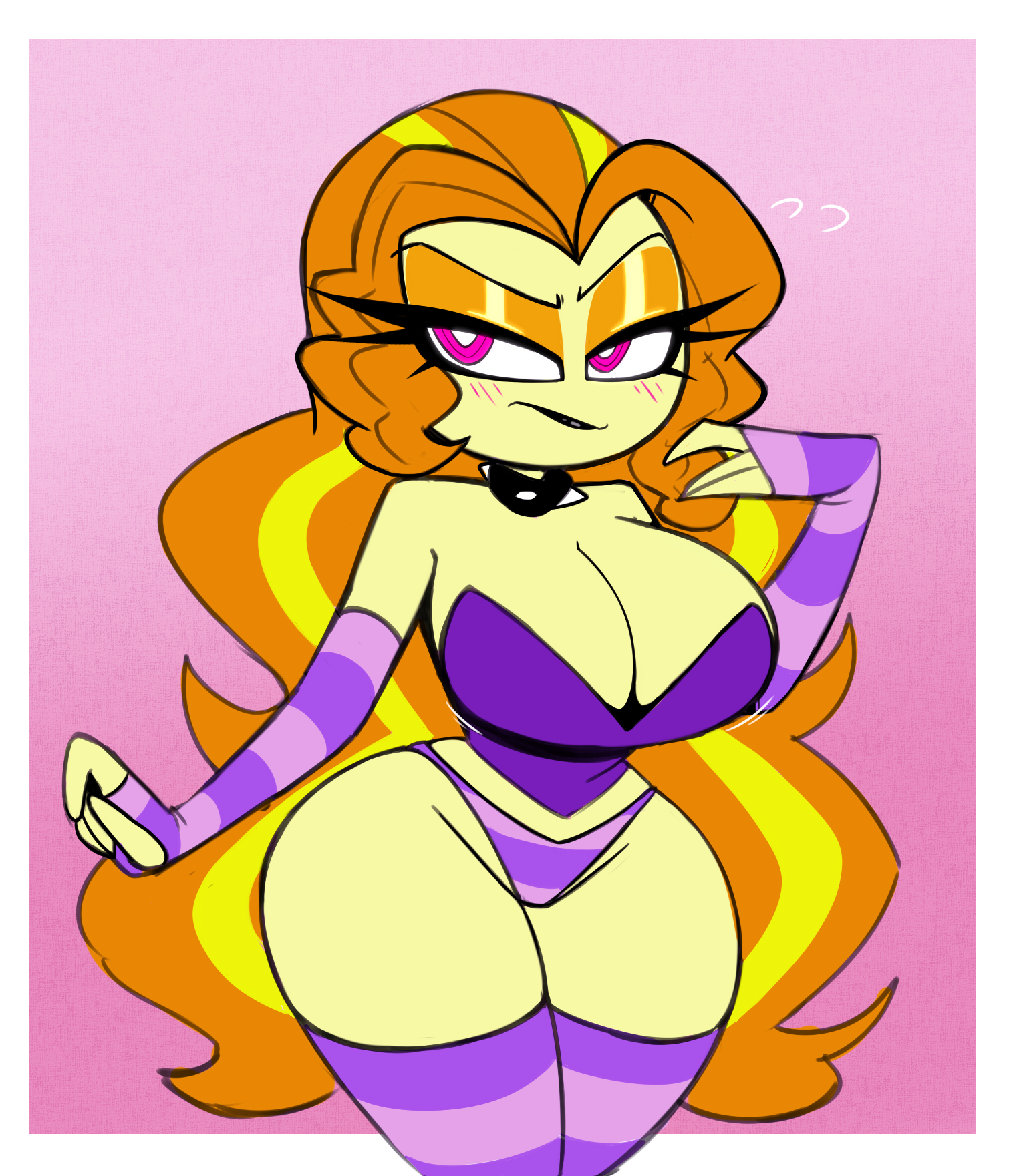1girls, adagio dazzle, big breasts, breasts, cleavage, collar, curly hair, curvy, curvy figure, equestria girls, female, female only, fingerless gloves, friendship is magic, hasbro, hi res, highres, looking at viewer, my little pony, nelljoestar, no pants, orange hair, panties, solo, solo female, spiked collar, stockings, tagme, thick thighs, thighs, wide hips, yellow body, yellow skin