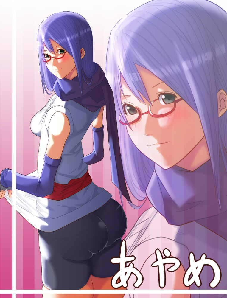 ass bad_anatomy big_ass bike_shorts blush bubble_butt bunmaru detached_sleeves female female_only fully_clothed gintama glasses japanese_clothes kunoichi looking_at_viewer looking_back ninja pantylines purple_hair red-framed_glasses sarutobi_ayame scarf sideboob smile solo tight_clothing