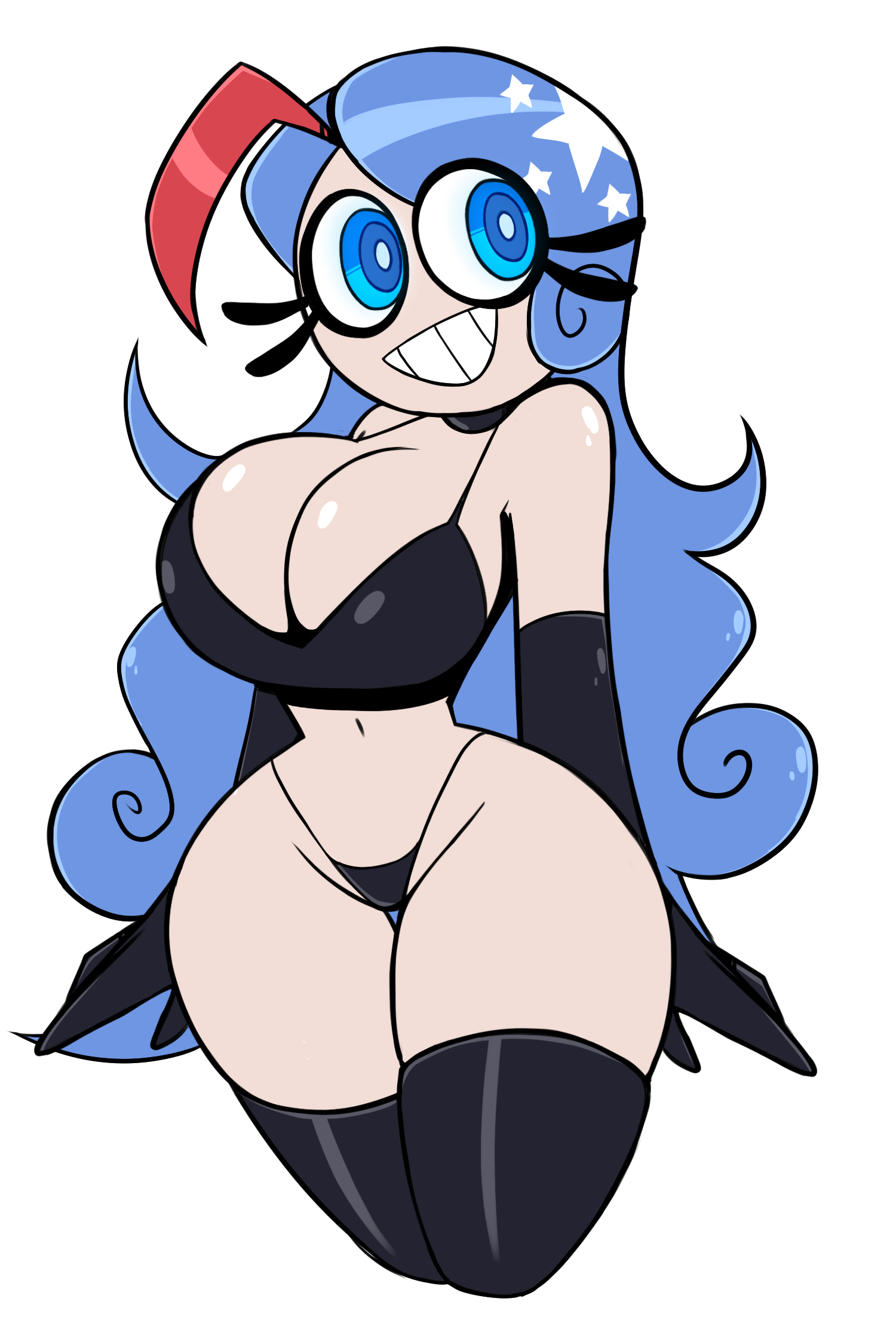 2d, 2d (artwork), 2d artwork, ass, belly button, big ass, big breasts, big butt, big eyelashes, big eyes, big hipped, big hips, big smile, big thighs, black bra, black choker, black legwear, black lingerie, black lingerie panties, black panties, black underwear, blue eyes, blue hair, bra, breasts, character request, child bearing hips, choker, cleavage, cleavage overflow, color, colored, copyright request, cowlick, eyes open, eyes wide open, fat ass, fat butt, fat mons, female, female focus, female human, female only, gloved hands, gloves, hips, hips wider than shoulders, hourglass figure, hourglass figured female, huge ass, huge breasts, huge butt, huge eyelashes, huge eyes, huge hips, huge thighs, large ass, large breasts, large butt, large hips, large thighs, legs together, light skin, light-skinned female, lingerie, lingerie bra, lingerie only, lingerie panties, long gloves, long hair, mons pubis, mound of venus, narrow shoulders, narrow waist, navel, nelljoestar, no eyebrows, no nose, no nude, no nudity, outline, overflowing breasts, pale, pale body, pale skin, pale-skin, pale-skinned female, pubic mound, red strand of hair, red streak, shiny, shiny breasts, shiny clothes, shiny hair, shiny shoulders, shiny skin, shiny stockings, shoulders, shoulders raised, shoulders up, simple background, skindentation, skinny waist, slender waist, slim waist, small waist, smile, sole female, solo, solo female, solo focus, standing, stars in hair, stockings, stockings thigh highs, tagme, thick, thick ass, thick butt, thick eyelashes, thick hips, thick legs, thick thighs, thigh bulge, thigh gap, thigh highs, thighhighs, thighs, thin waist, thong, thong panties, thong underwear, tiny waist, very long hair, voluptuous, voluptuous female, wasp waist, wavy hair, white background, wide hips