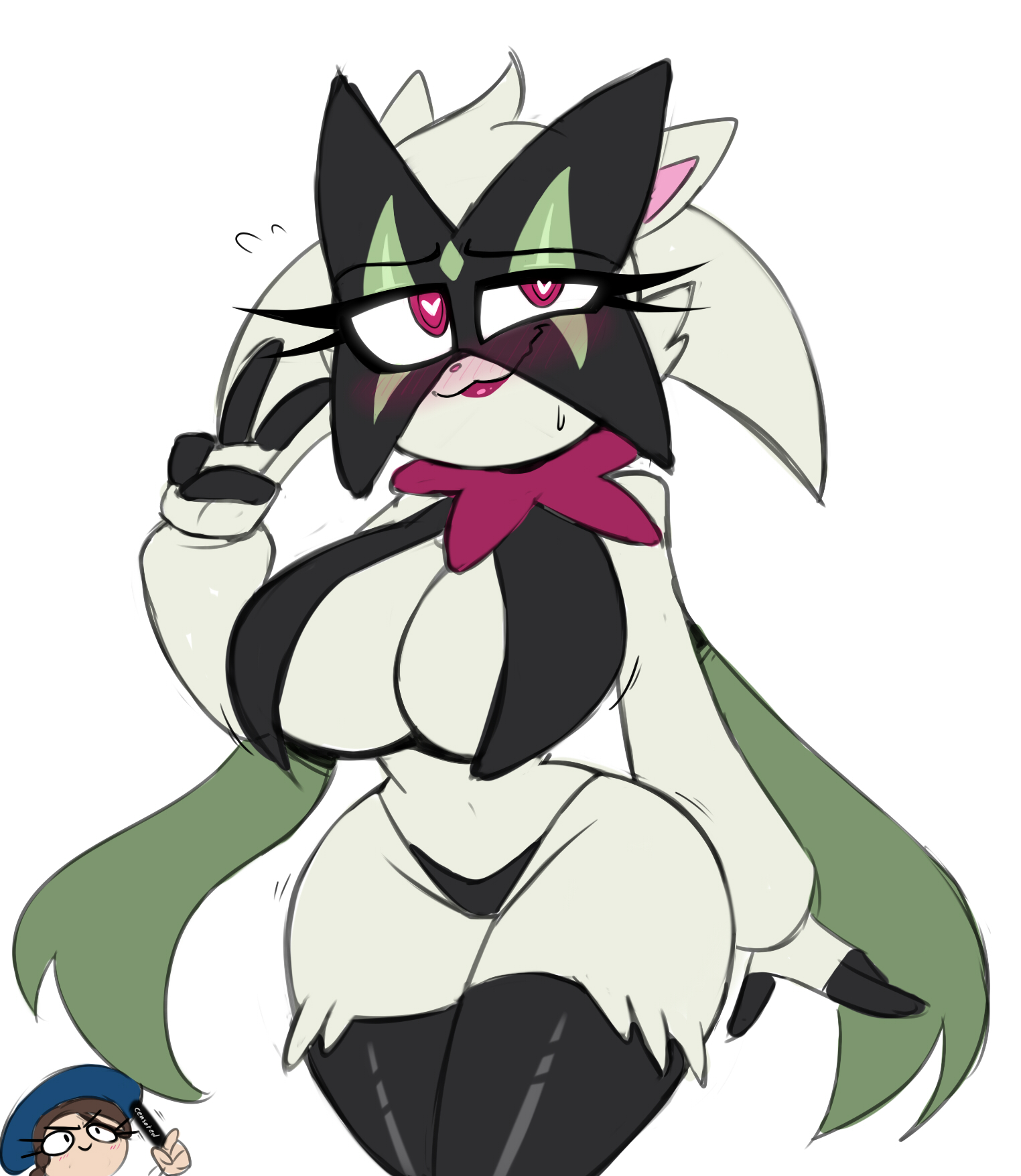 2girls, anthro, big breasts, blush, breasts, feline, female, female only, fur, furry, game freak, generation 9 pokemon, green fur, heart-shaped pupils, lipstick, mask, meowscarada, navel, nelljoestar, nintendo, panties, peace sign, pokémon (species), pokemon, pokemon (species), pokemon sv, pokemon trainer, red eyes, suggestive, thick thighs, topless