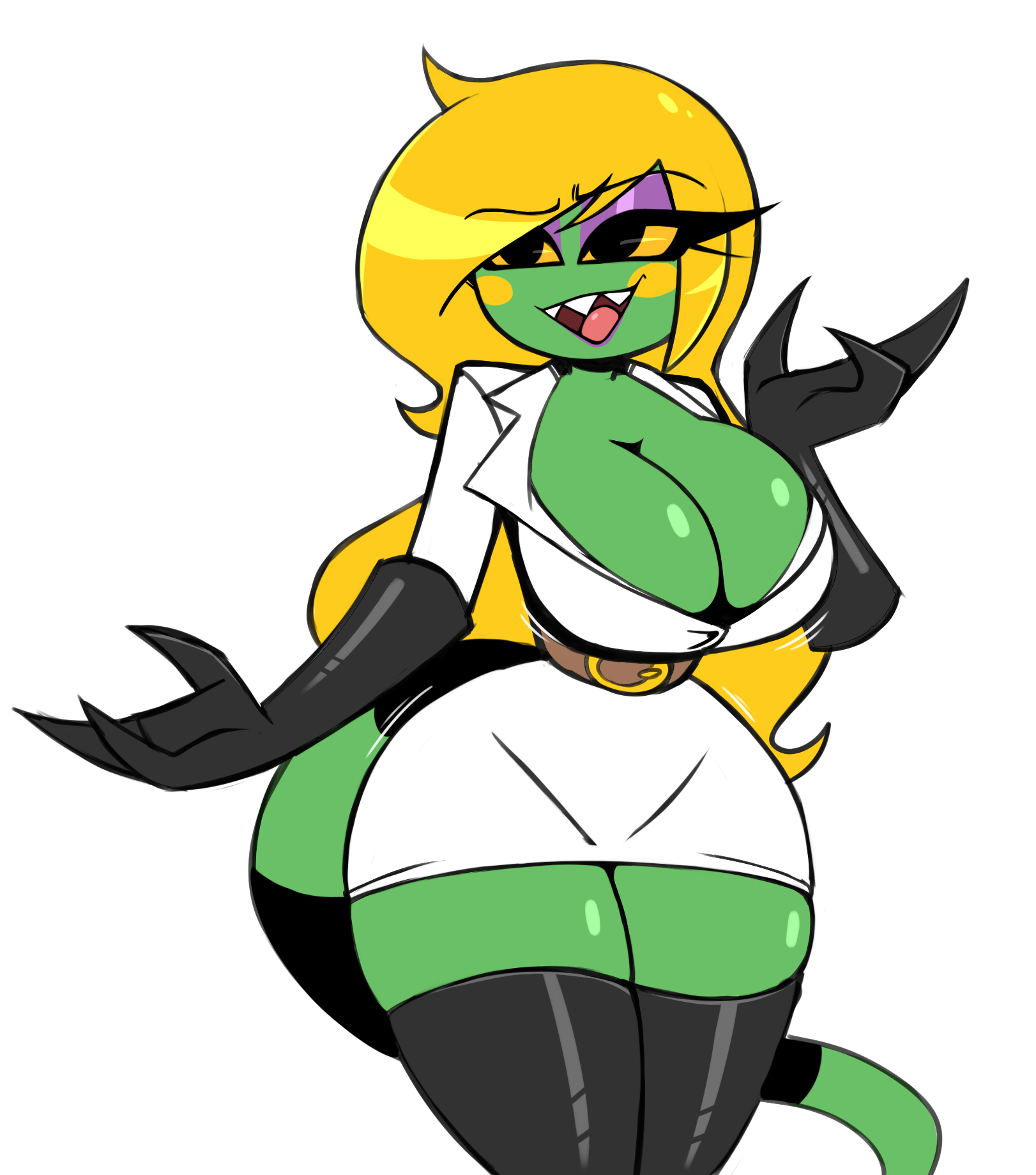 black eyes, breasts, cleavage, eliza (nelljoestar), female, gloves, green body, green skin, nelljoestar, original, original character, purple eyeshadow, tagme, thick thighs, thighs, white background, yellow eyes