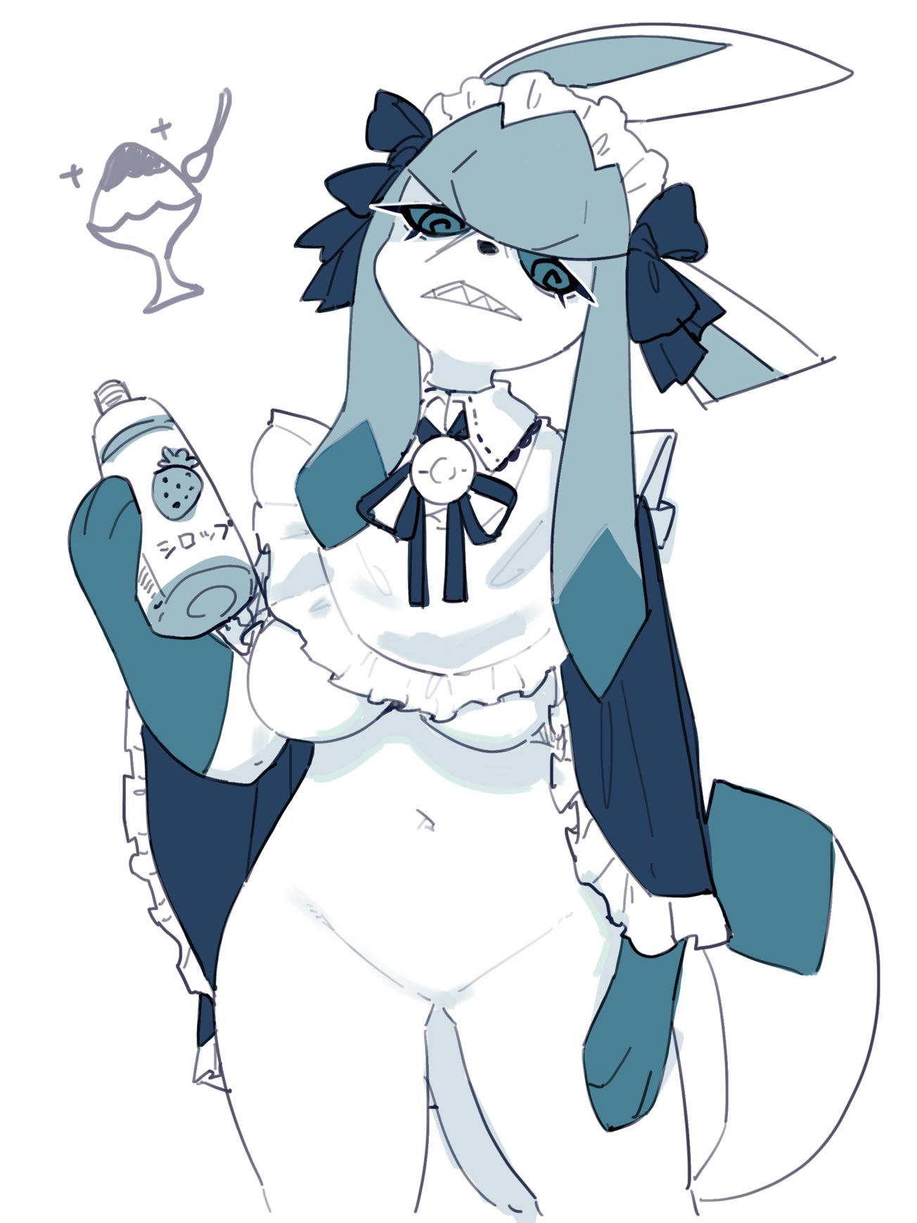 1girls, angry, angry sex, anthro, blue body, blue eyes, bottle, bottomless, breasts, clothed, clothing, eeveelution, featureless breasts, female, female only, generation 4 pokemon, glaceon, hair, hi res, holding bottle, japanese text, kame 3, looking at viewer, maid, maid headdress, maid uniform, mammal, nintendo, pokémon (species), pokemon, pokemon (species), pokemon unite, sharp teeth, simple background, solo, spiral eyes, tea party style glaceon, teeth clenched, text, underboob, white background, wip