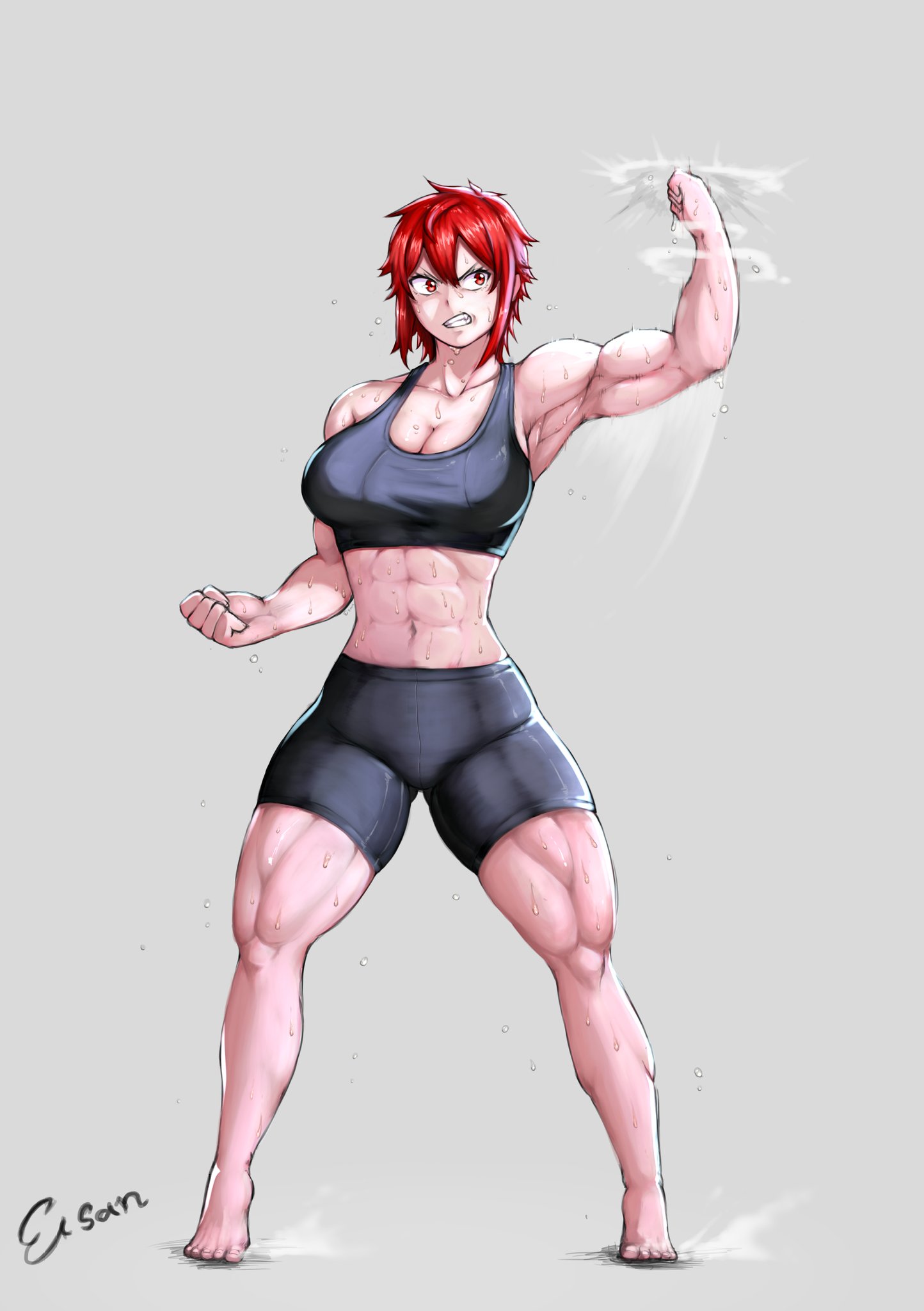 1girls, 2023, abs, aizawa tomo, artist name, athletic, athletic female, barefoot, big breasts, breasts, esan02b, female, female only, grey background, hi res, looking away, motion lines, muscles, muscular, muscular arms, muscular female, muscular thighs, punch, red eyes, simple background, solo, sportswear, sweat, tomboy, tomo-chan wa onna no ko