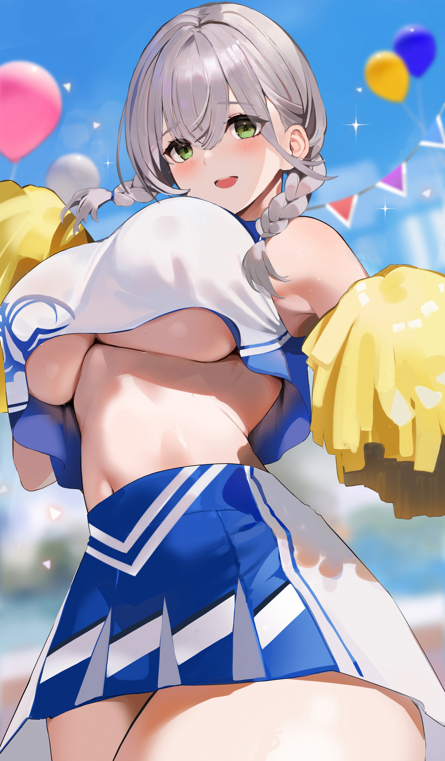 2023, absurdres, alternate costume, balloon, bare shoulders, braid, breasts, cheerleader, cheerleader outfit, cheerleader uniform, crop top, female, green eyes, grey hair, highres, hololive, hololive fantasy, hololive japan, large breasts, medium hair, midriff, miniskirt, navel, niii (memstapak), pleated skirt, pom pom (cheerleading), shirogane noel, skirt, smile, solo, twin braids, underboob, virtual youtuber, wavy hair, wholesome