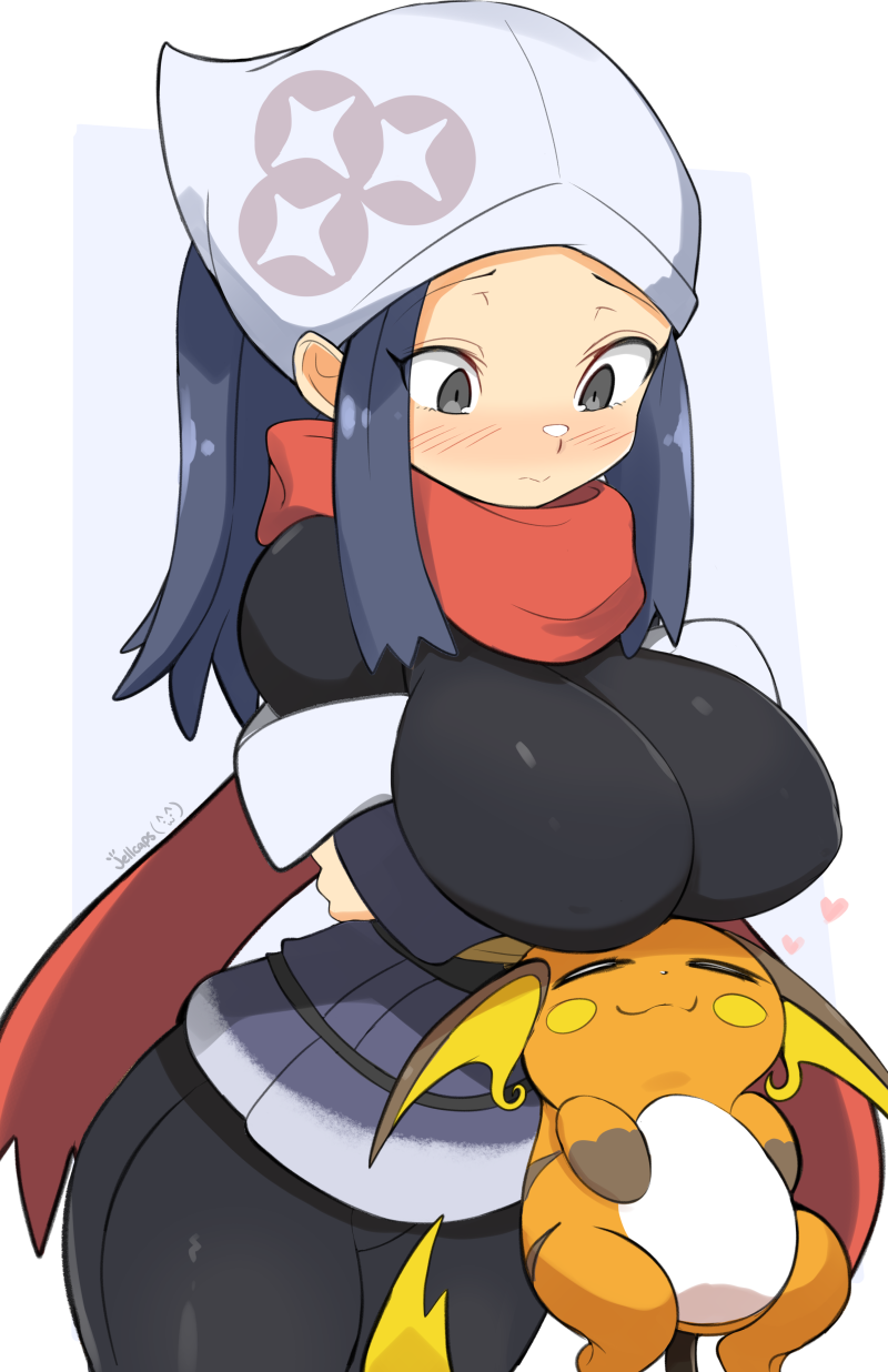 1girls akari_(pokemon) alternate_breast_size blue_eyes blue_hair boob_hat breast_on_head breasts clothed clothed_female female headscarf huge_breasts jellcaps light-skinned_female light_skin long_hair nintendo pokémon_(species) pokemon pokemon_(species) pokemon_legends:_arceus raichu slim_waist thick_thighs thighs tight_clothing wide_hips