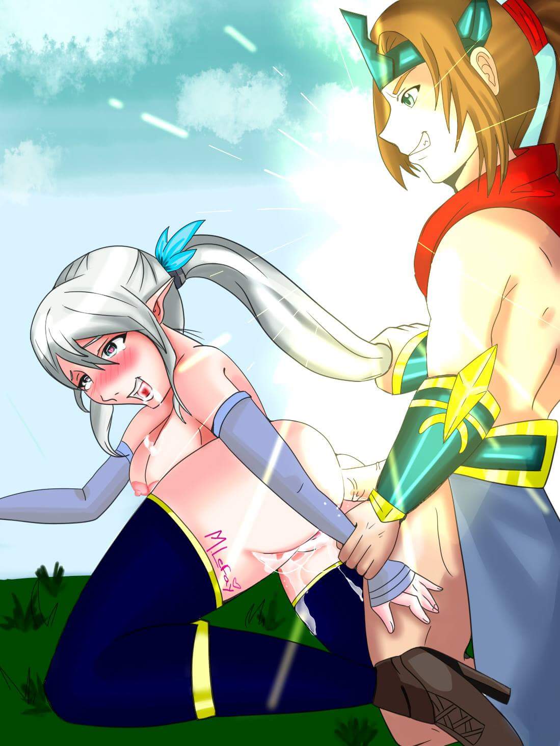 anal areolae ass ass_up blush breasts brown_hair erection female from_behind grabbing_from_behind heart-shaped_pupils long_hair male miya miya_(mobile_legends) mobile_legends mobile_legends:_adventure mobile_size nipples nude open_mouth penis saliva sex silver_hair zilong