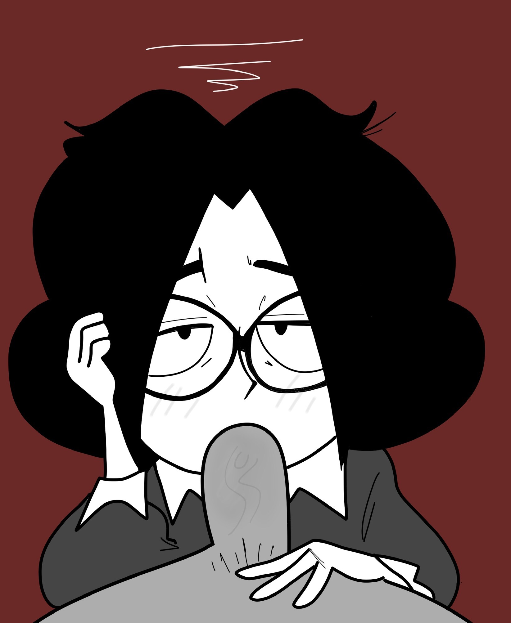 1boy, 1girls, artist request, big penis, black hair, blowjob, digital media (artwork), fellatio, female, glasses, light skin, light-skinned female, male, miss pauling, nerd, oral, penis, pov, pov eye contact, simple background, straight, tagme, team fortress 2