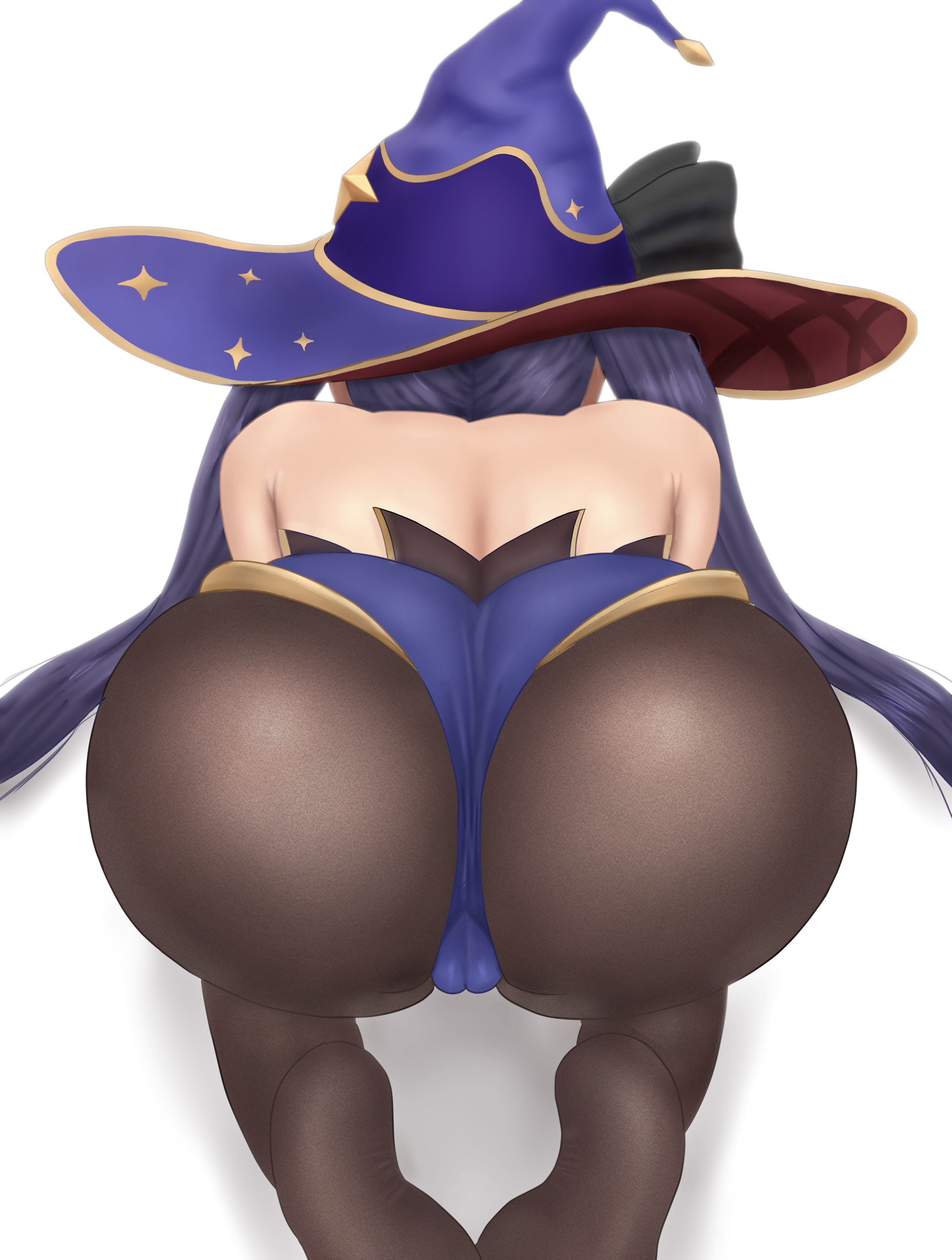 1girls, ass, ass focus, big ass, cameltoe, clothing, dark blue hair, feet, female, female only, genshin impact, hat, headwear, huge ass, large ass, legwear, light skin, light-skinned female, mona (genshin impact), neon (ネオン), pussy, solo, thick thighs, twintails, witch hat