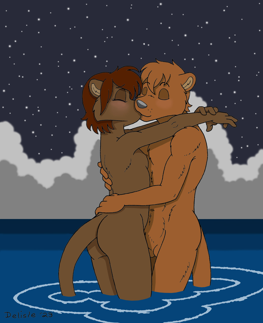 2023 4_fingers amanda_(delisle) anthro anthro_on_anthro ass balls black_nose breasts brown_body brown_fur casual_nudity closed_eyes delisle digital_media_(artwork) duo embrace female fingers fur genitals hair hand_on_back hi_res humanoid_hands intimate jonas_(delisle) kiss_on_lips kissing love male male/female mammal mustelid nature night nipples nude otter outside partially_submerged passionate passionate_kiss red_hair romantic romantic_ambiance romantic_couple signature skinny_dipping sky small_breasts smile social_nudity standing standing_in_water star starry_sky water