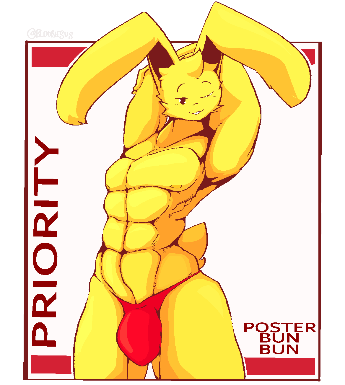 1boy bloobiesus bulge cute_expression erect_nipples erection ftm_transformation fur genderswap genderswap_(ftm) humanoid male muscular muscular_male nipples oc poster_bun_bun pretty_boy rabbit rabbit_boy rule_63 simple_background smile text_background yellow_body yellow_fur