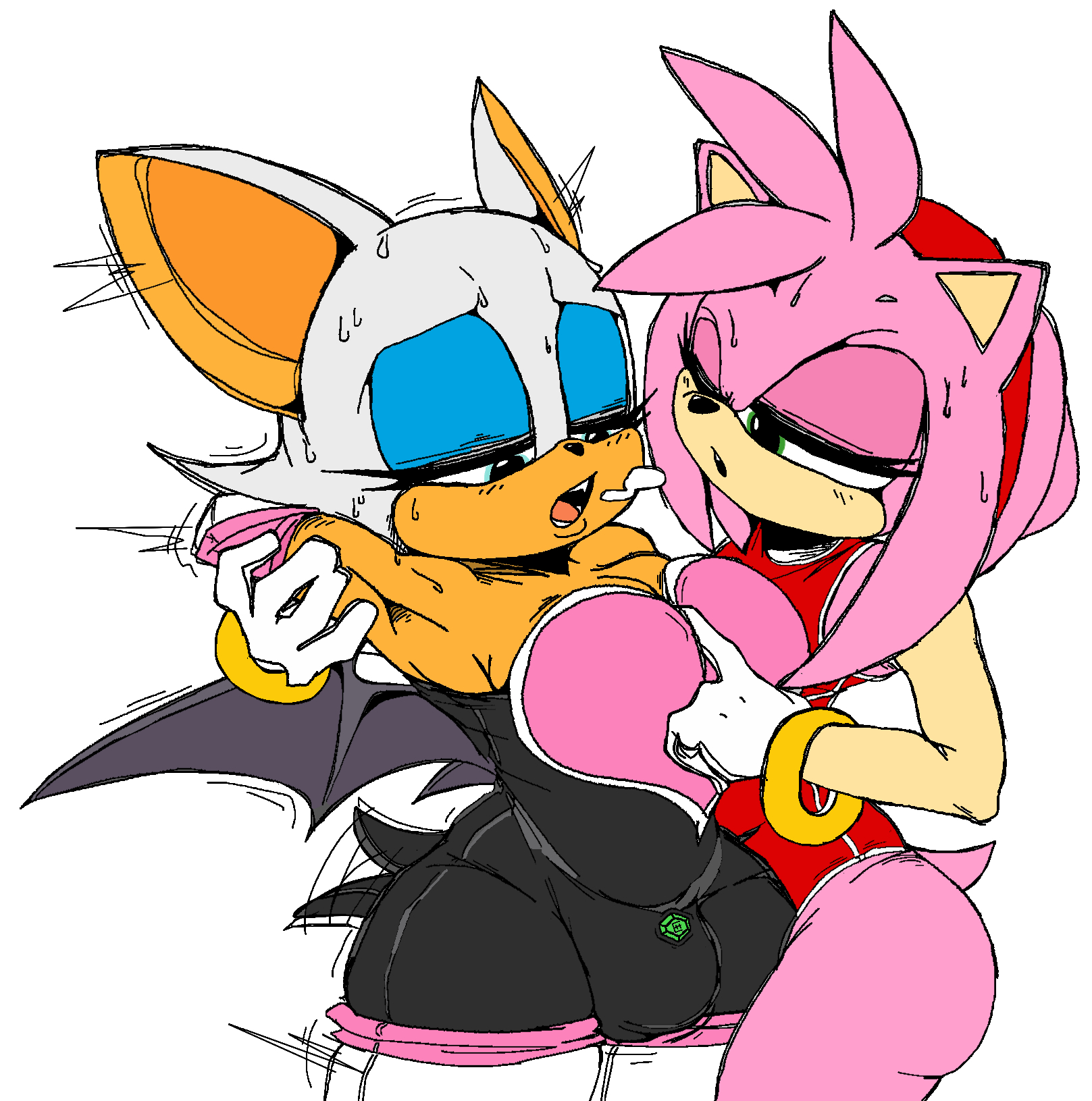 1futa, 1girls, 2023, 2d, amy rose, anthro, armpits, bat, bat wings, big breasts, boots, bracelet, bracelets, breasts, bulge, cleavage, cleavage cutout, clothed, clothed female, clothed futa, clothing, colored, duo, edit, enemyhips, eye closed, female, femdom, flaccid, fully clothed, futa with female, futanari, futasub, green eyes, intersex, looking at partner, looking down, mobian, mobian (species), mobian bat, motion lines, open mouth, penis, penis bulge, penis under clothes, pink skin, pink-skinned female, rouge the bat, sega, shaking, sonic (series), sonic adventure 2, sonic the hedgehog (series), sweat, sweatdrop, thick thighs, third-party edit, tight clothing, trembling, turquoise eyes, white background, white skin, white-skinned futa, wide hips
