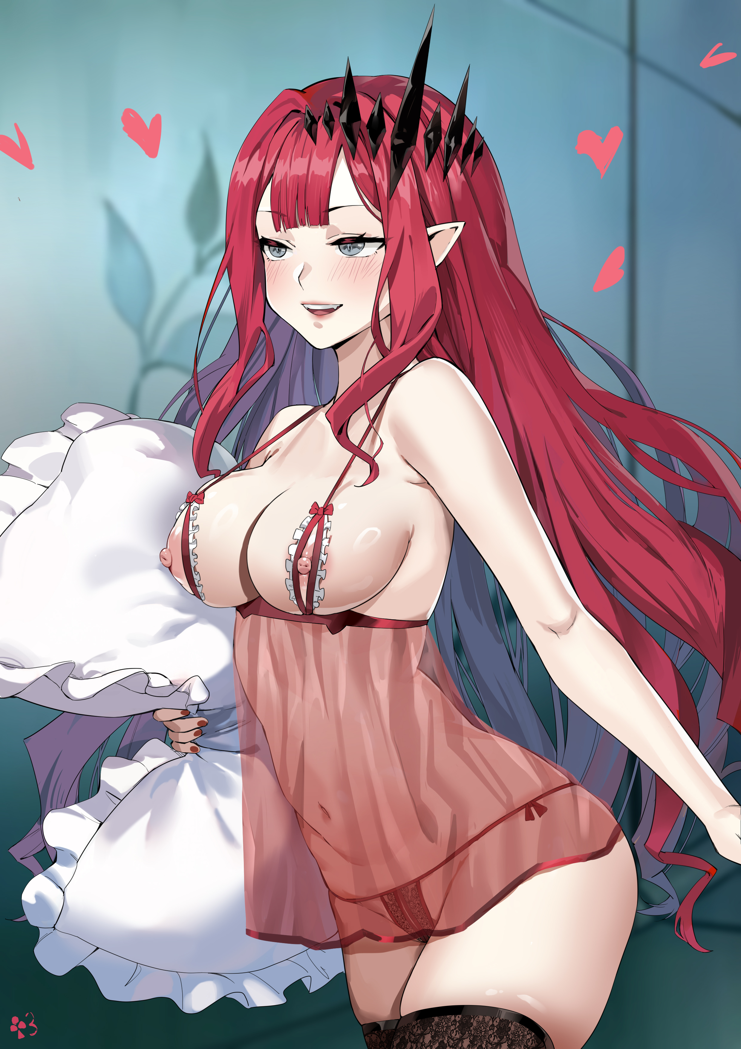 1girls, absurdres, artist signature, baobhan sith (fate), breasts, club3, erect nipples, fairy knight tristan (fate), fanbox username, fate (series), fate/grand order, female, holding object, indoors, large breasts, light skin, light-skinned female, lingerie, long hair, nanaya (daaijianglin), nipples, pale skin, pale-skinned female, patreon username, pillow, pointy ears, red hair, slim waist, smile, visible nipples