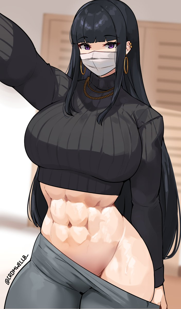 1girls 2d abs bare_midriff big_breasts black_hair cromwellb earrings female female_only hime_cut hoop_earrings huge_breasts indoors large_breasts long_hair looking_at_viewer mask muscles muscular muscular_female necklace purple_eyes selfie solo solo_female standing turtleneck wide_hips