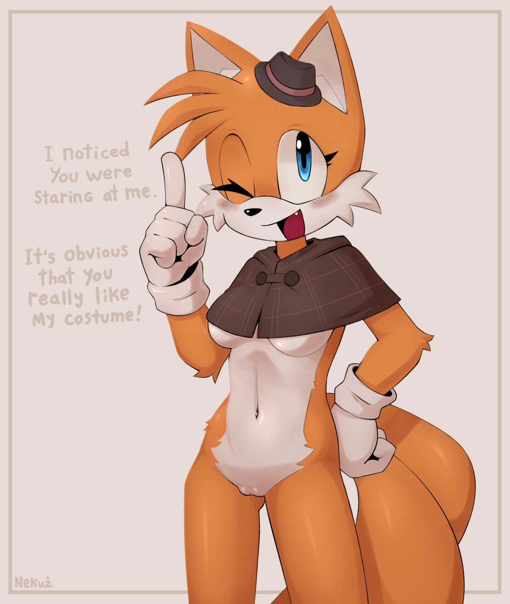 anthro, bottomless, breasts, casual, clothing, dialogue, exposed torso, female, handwear, headwear, mtf crossgender, nekuzx, outerwear, pussy, rule 63, solo, sonic (series), tails, tails the fox, tailsko, the murder of sonic the hedgehog