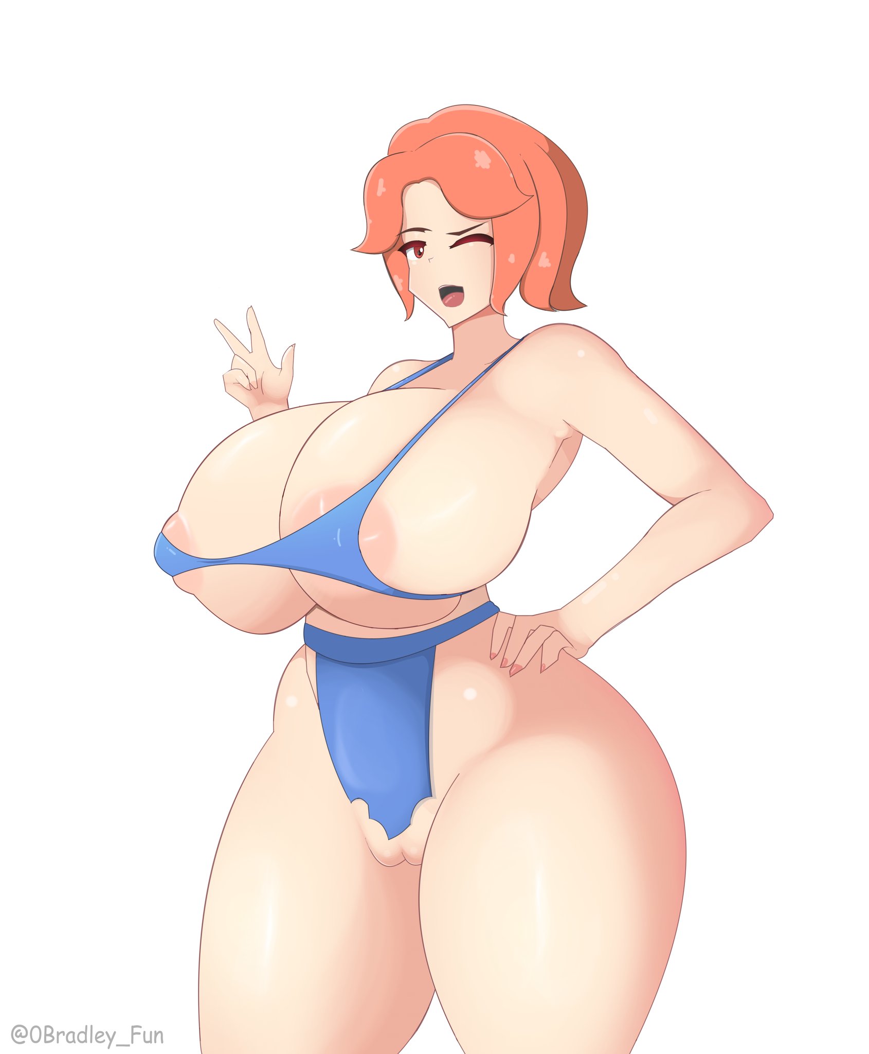 areolae, areolae slip, big breasts, bikini, bikini top, bradleyfun?, breasts, breasts bigger than head, clash (series), clash of clans, clash royale, female, hands on hips, huge breasts, loincloth, looking at viewer, mouth open, peace sign, pussy, ripped clothes, ripped clothing, skimpy, skimpy clothes, tagme, thick thighs, valkyrie (clash of clans), voluptuous, voluptuous female, wink, winking, winking at viewer