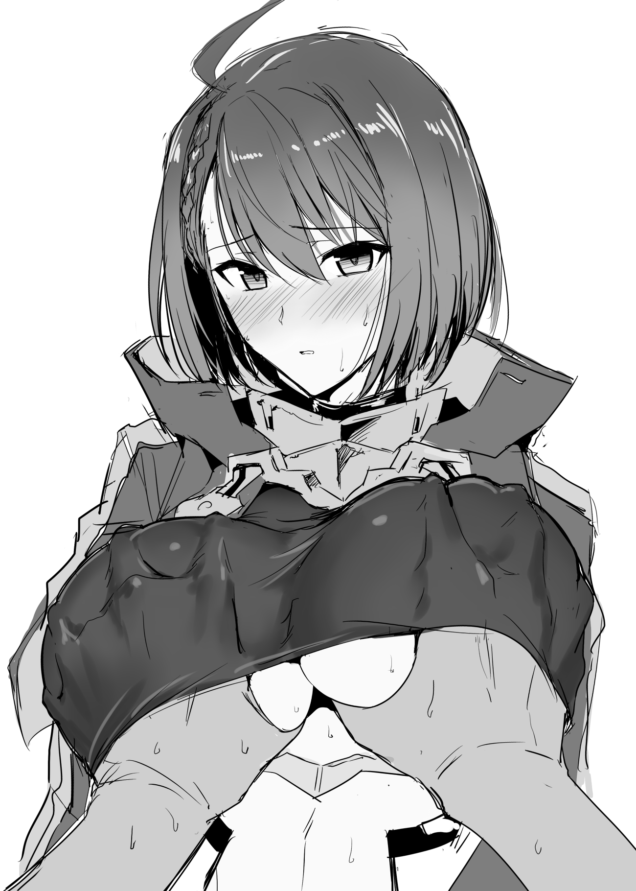 1boy, ahoge, azur lane, baltimore (azur lane), bangs, blush, breast grab, breasts, female, grabbing, halcon, highres, looking at viewer, male, monochrome