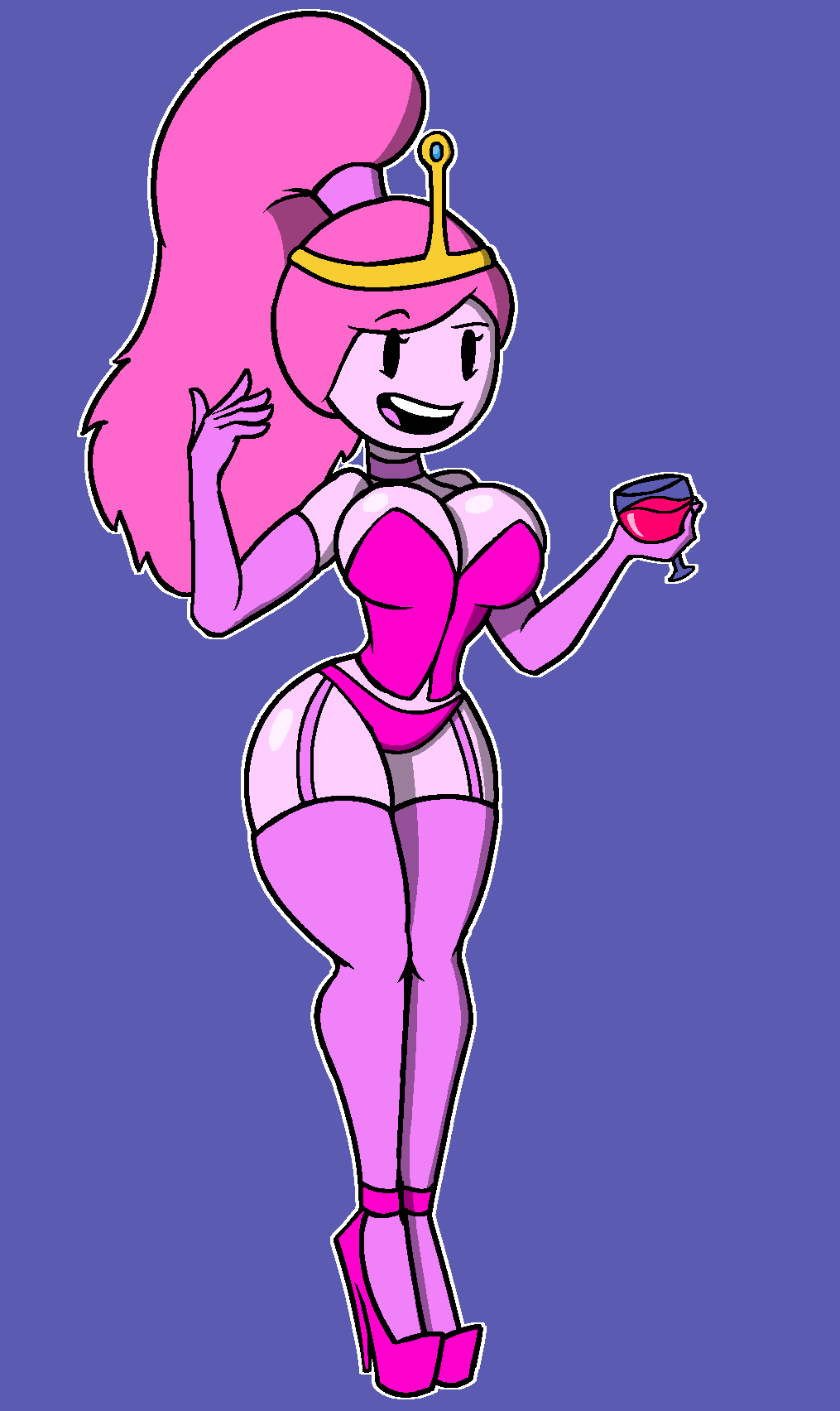 adventure time, cartoon network, cleavage, crown, dunnhierdraws, female, female only, gloves, high heels, lingerie, mob face, pink body, pink hair, pink heels, pink skin, platform heels, ponytail, princess bubblegum, revealing clothes, skimpy clothes