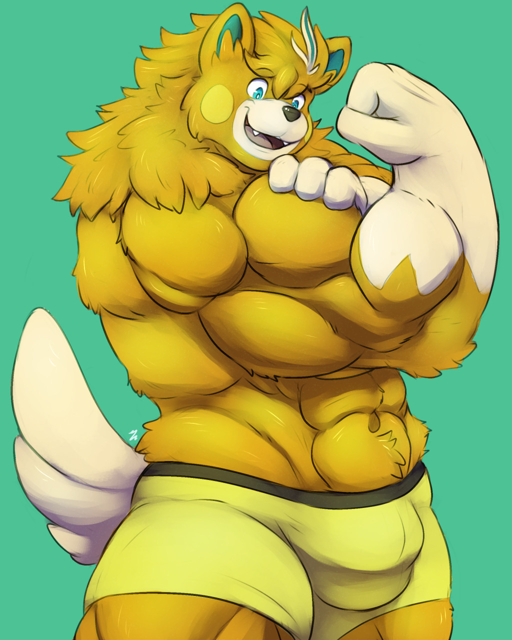 4:5 anthro black_nose blue_eyes boxers_(clothing) bulge cheek_spots clothing flexing flexing_bicep fur geodani hi_res male multicolored_body multicolored_fur muscular muscular_anthro muscular_male navel nintendo pawmot pokémon_(species) pokemon simple_background solo tail tan_body tan_fur underwear yellow_body yellow_fur