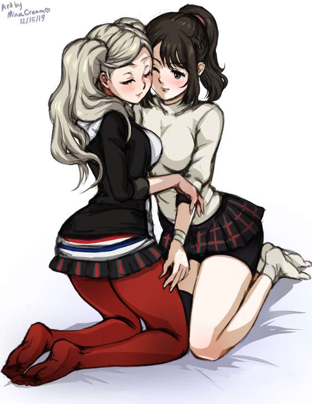 2girls ann_takamaki breasts_to_breasts minacream one_eye_closed persona persona_5 red_legwear red_thighhighs shiho_suzui source_request wholesome yuri