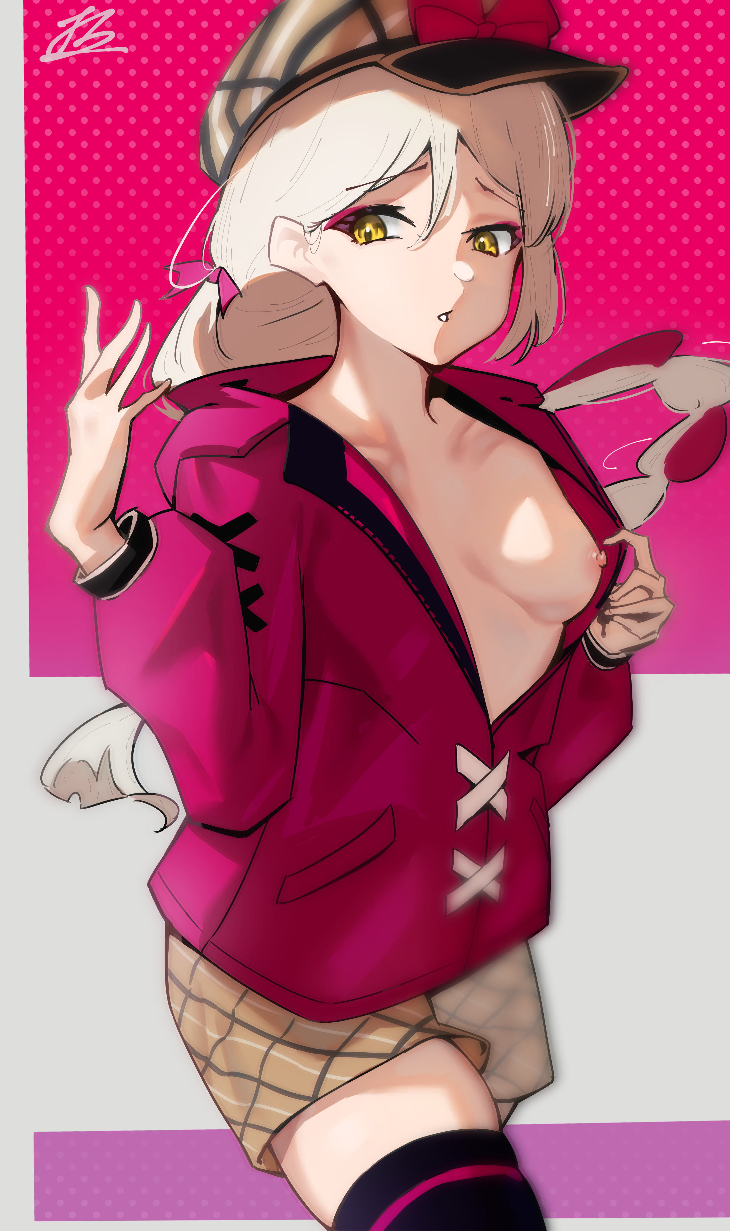 1girls, bare thighs, blonde hair, braid, braided ponytail, breasts, breasts out, brown hair, eyeshadow, female, female only, fire emblem, fire emblem engage, flannel, flashing, framme (fire emblem), hat, highres, hood, hoodie, jiaban1216, long hair, makeup, nintendo, nipple slip, nipples, one breast out, pink eyeshadow, pink hair, pink hoodie, plaid headwear, ponytail, shorts, single braid, small breasts, solo, thighhighs, thighs, very long hair, yellow eyes