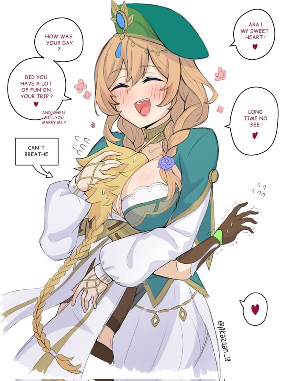 1boy, 1girls, aether (genshin impact), akazuan 19, ara ara, asphyxiation, beret, between breasts, blush, breast smother, breasts, closed eyes, closed eyes smile, english text, female, genshin impact, gloves, green hat, green headwear, happy, hat, heart, hug, larger female, lisa (a sobriquet under shade) (genshin impact), lisa (genshin impact), male, mature female, milf, size difference, smaller male, smile, smothering, sweat