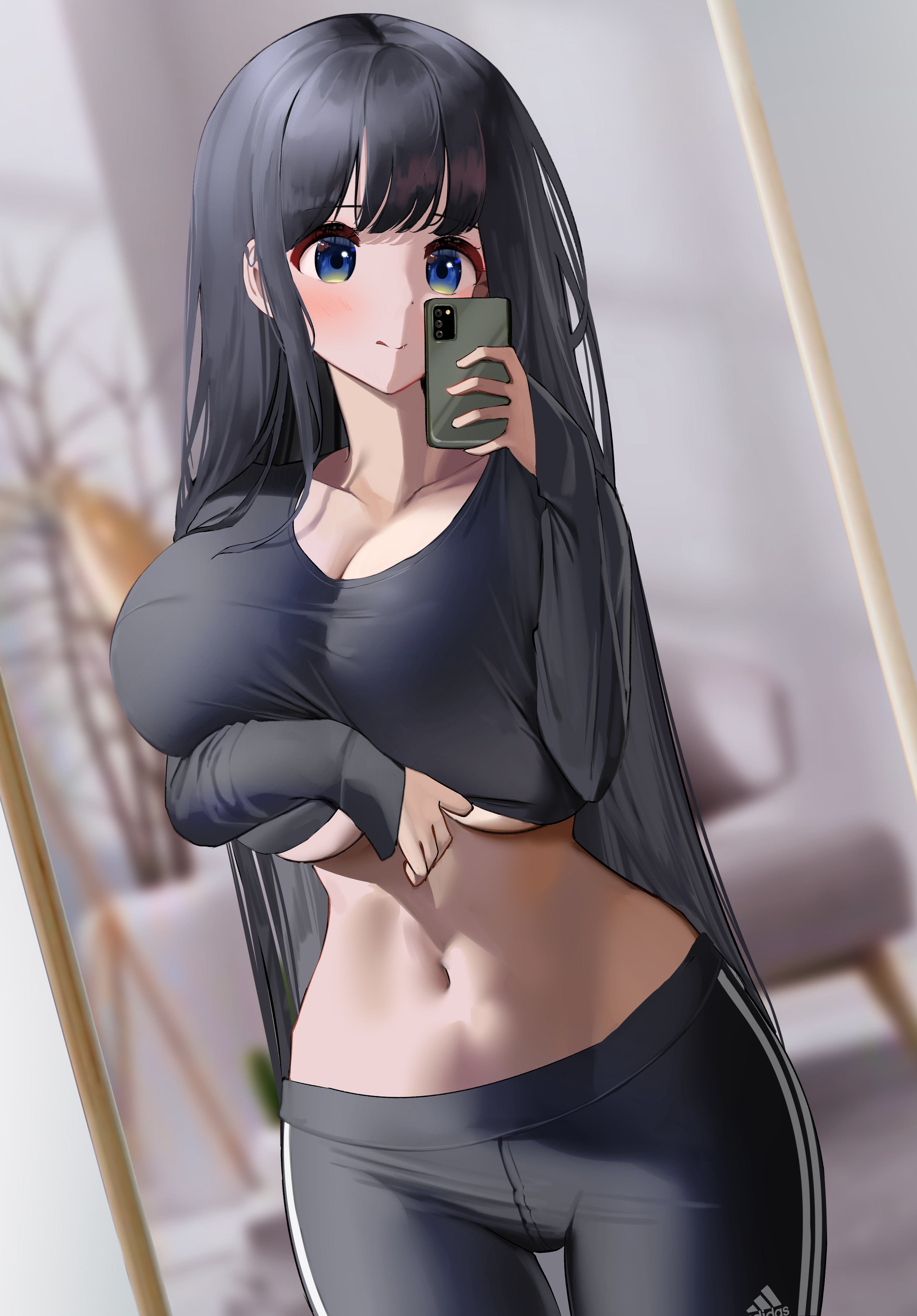 1girls, belly button, big breasts, black hair, blue eyes, blush, breasts, female, female only, holding breast, huge breasts, large breasts, light skin, light-skinned female, long hair, nicorima, phone, selfie, smile, solo, solo focus, track pants, underboob