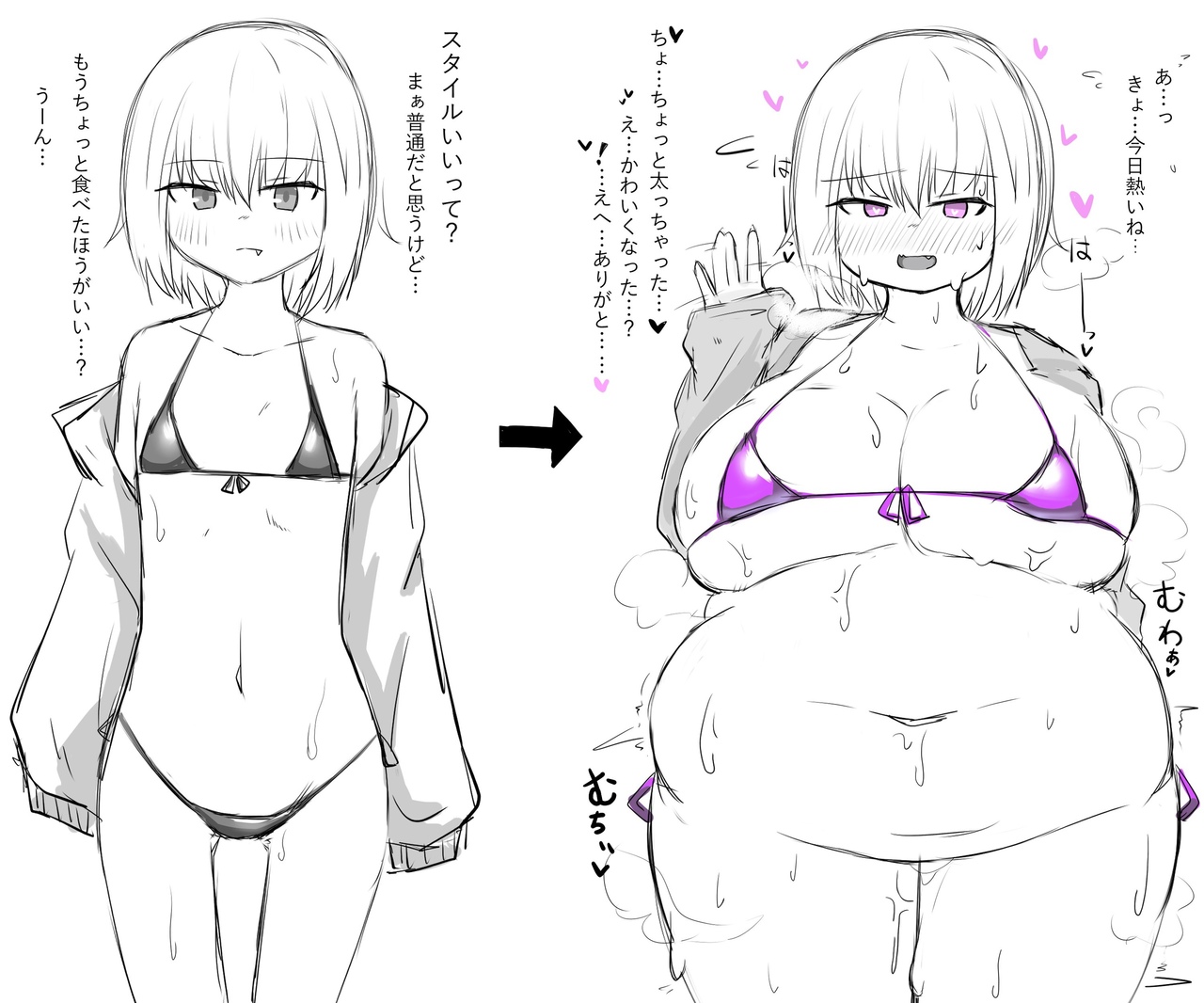 2023, big belly, big breasts, breasts, fat, fat belly, fat female, fat fetish, fatty, female, fo na n, japanese text, overweight, overweight female, sweaty, tagme, translation request, weight gain