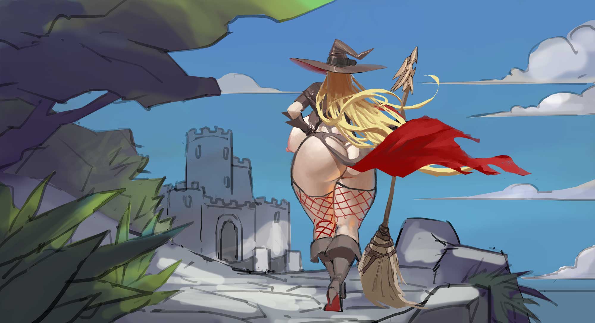 1girls, 69 (artist), areolae, ass, back view, big penis, blonde hair, breasts, female, female only, fishnet legwear, full body, huge ass, huge breasts, large breasts, light skin, light-skinned female, long hair, male, nipple piercing, nipples, no bra, oppai, penis, piercing, solo, solo female, solo focus, taller female, thick ass, thick thighs, very long hair, walking, witch, witch hat, yellow hair