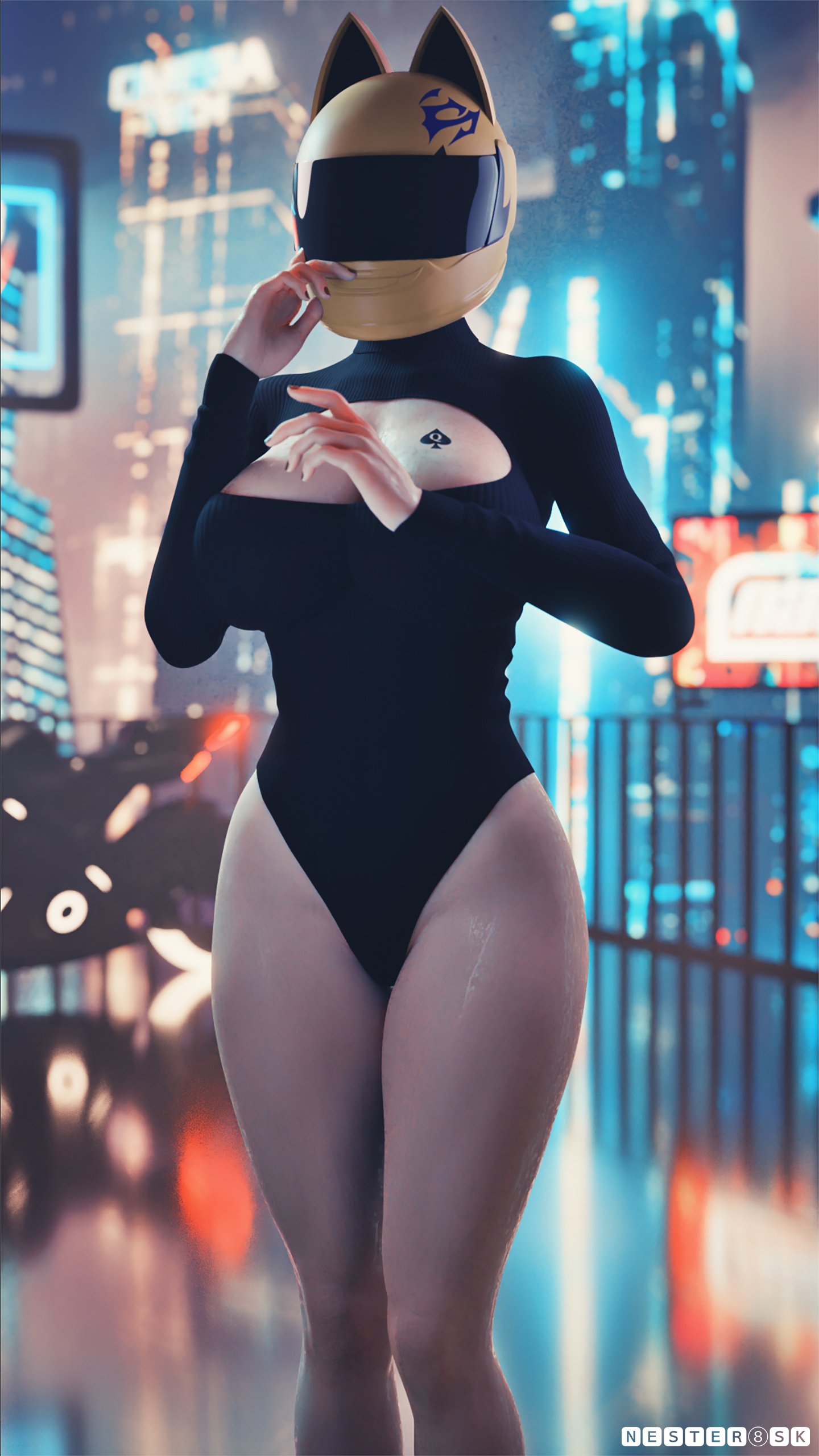 1girls 3d areola_slip areolae areolae_peeking big_breasts black_nails blurry_background boob_window celty_sturluson durarara!! female female_focus female_only helmet hourglass_figure large_breasts leotard light-skinned_female light_skin nester8sk painted_nails qos queen_of_spades solo tattoo thin_waist wet wet_skin wide_hips