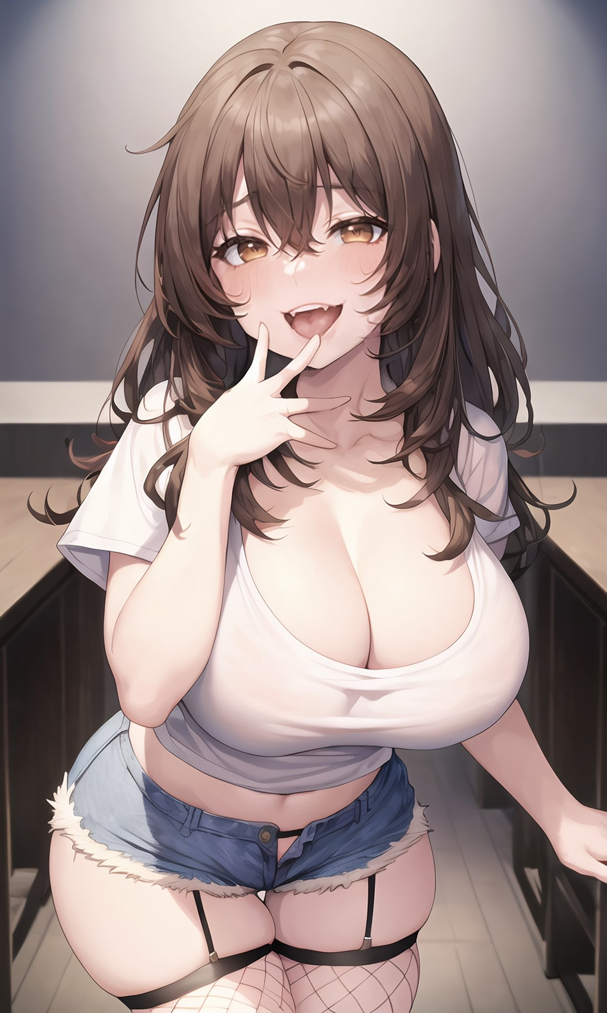 2023, ai generated, big breasts, breasts, brown hair, cleavage, curvy, curvy female, curvy figure, female, female focus, female only, hi res, highres, legwear, long hair, looking back, original, original character, stable diffusion, stuffyai, voluptuous, voluptuous female