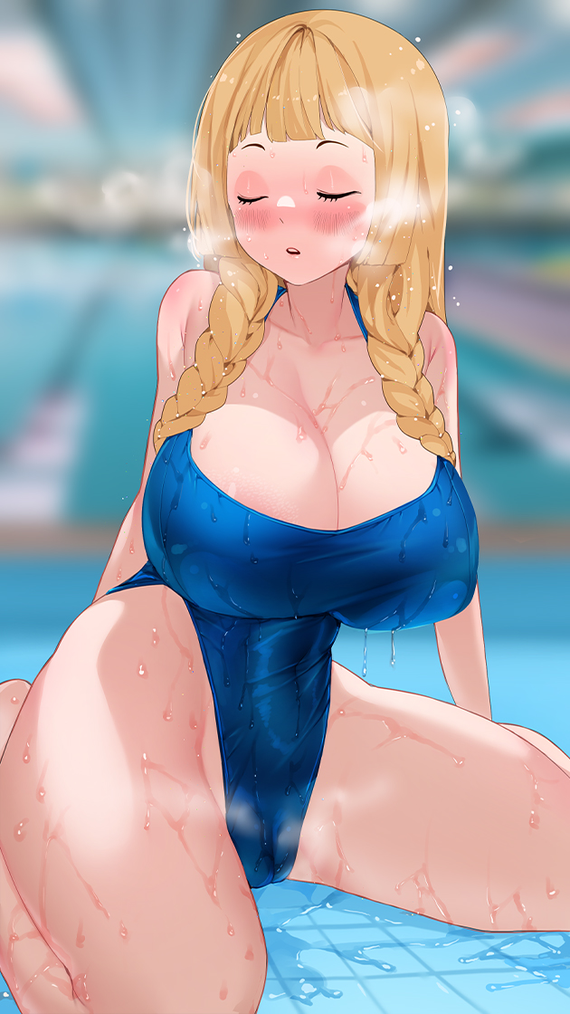 1girls aged_up alternate_breast_size alternate_version_available big_breasts blonde_hair blush blush_lines breasts competition_swimsuit female green_eyes highleg_swimsuit huge_breasts indoors light-skinned_female light_skin lillie_(pokemon) long_hair nintendo on_knees one-piece_swimsuit pokemon pokemon_sm pool poolside sitting sumisumii swimsuit thick_thighs thighs wet wet_body wide_hips