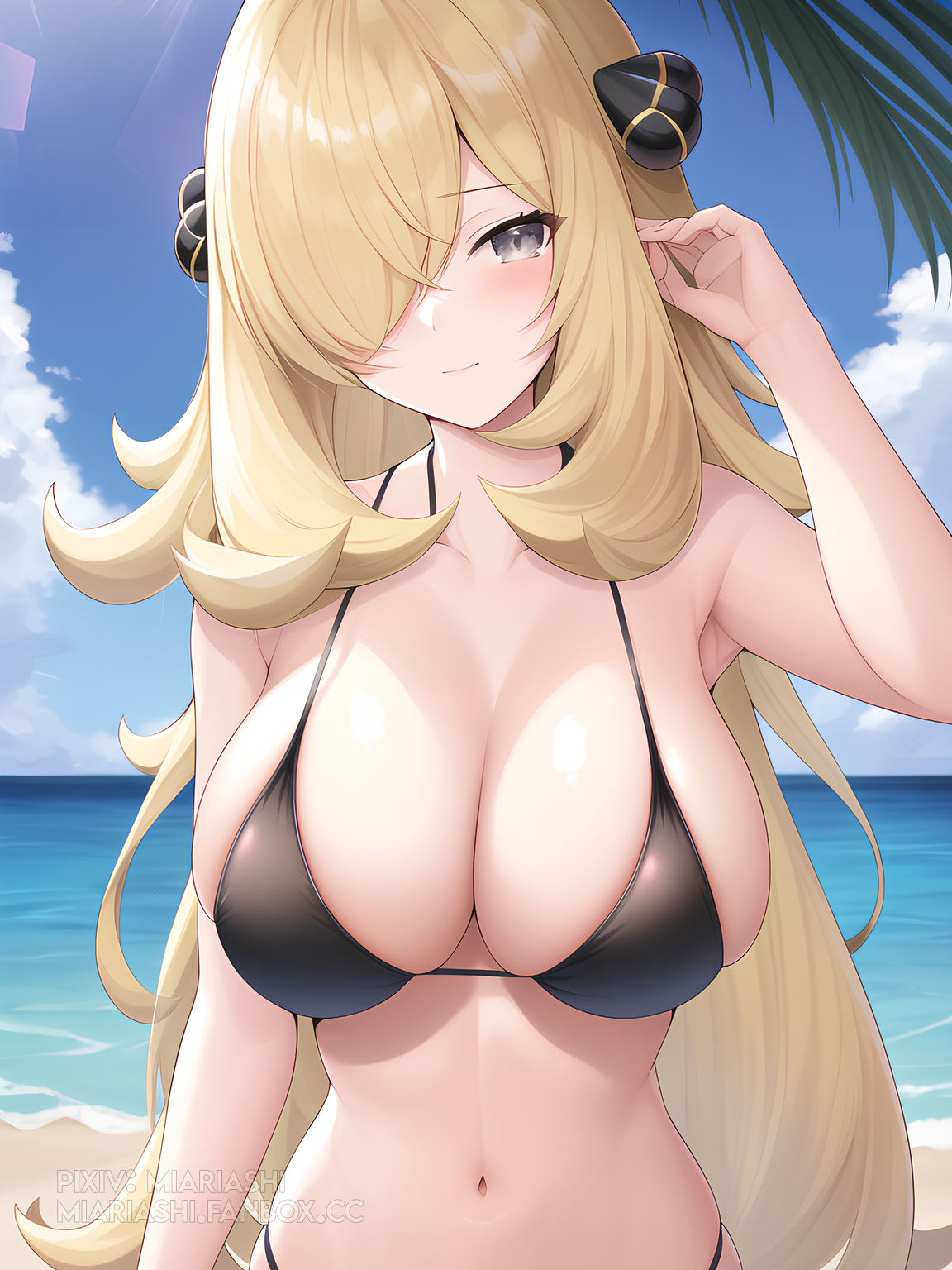 ai generated, bikini, breasts, cynthia (pokemon), female, female only, nai diffusion, nintendo, pokemon, solo, stable diffusion, white skin