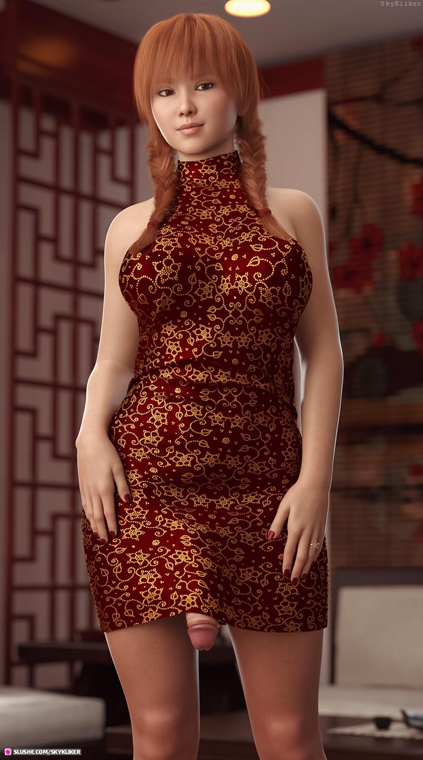 3d, 3d (artwork), asian, asian futa, dress, futa only, futanari, ginger, ginger hair, intersex, mamiko (skykliker), red hair, red nails, skykliker, solo, solo focus, solo futa, standing, twin braids